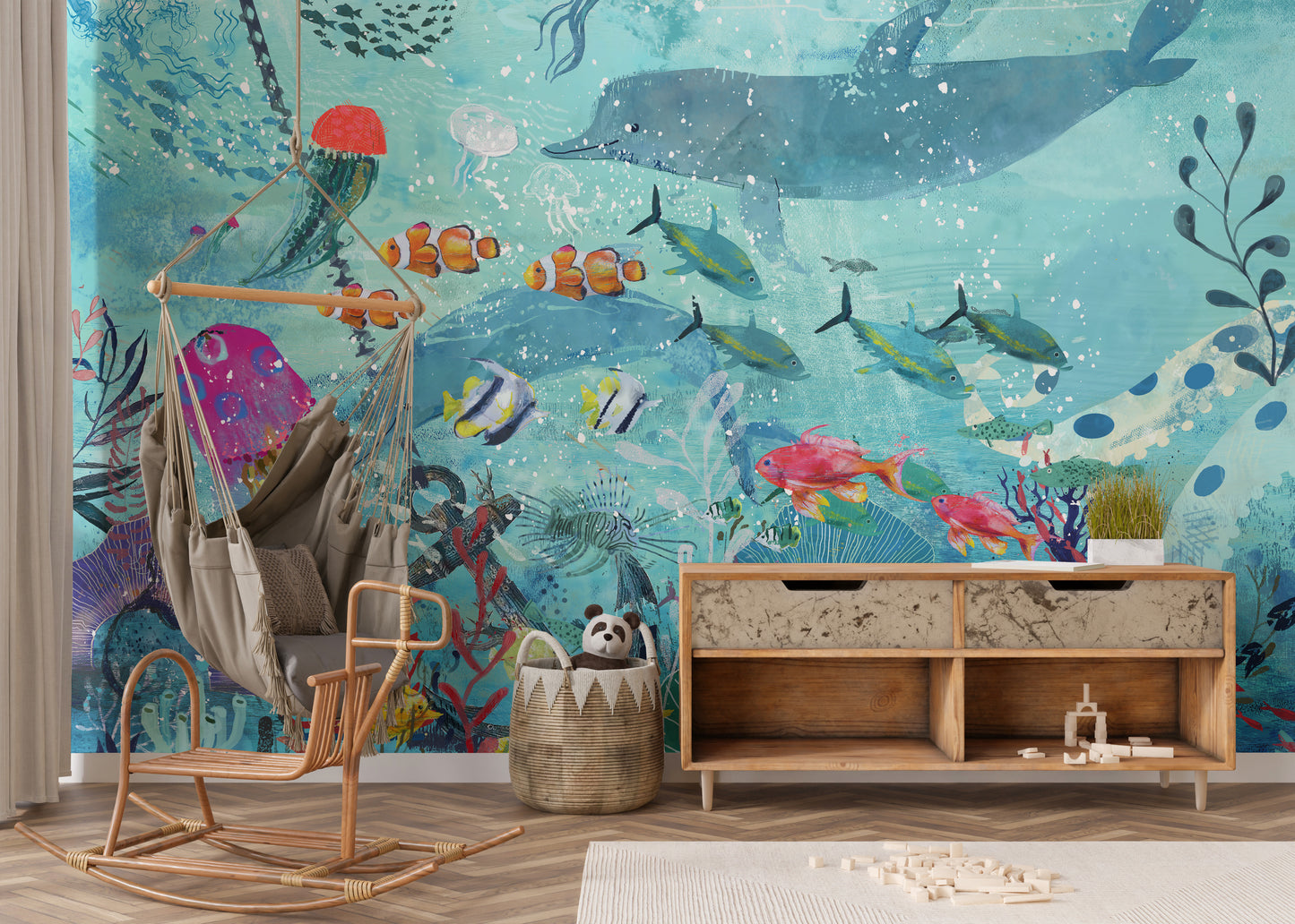 watercolor blue underwater mural wallpaper