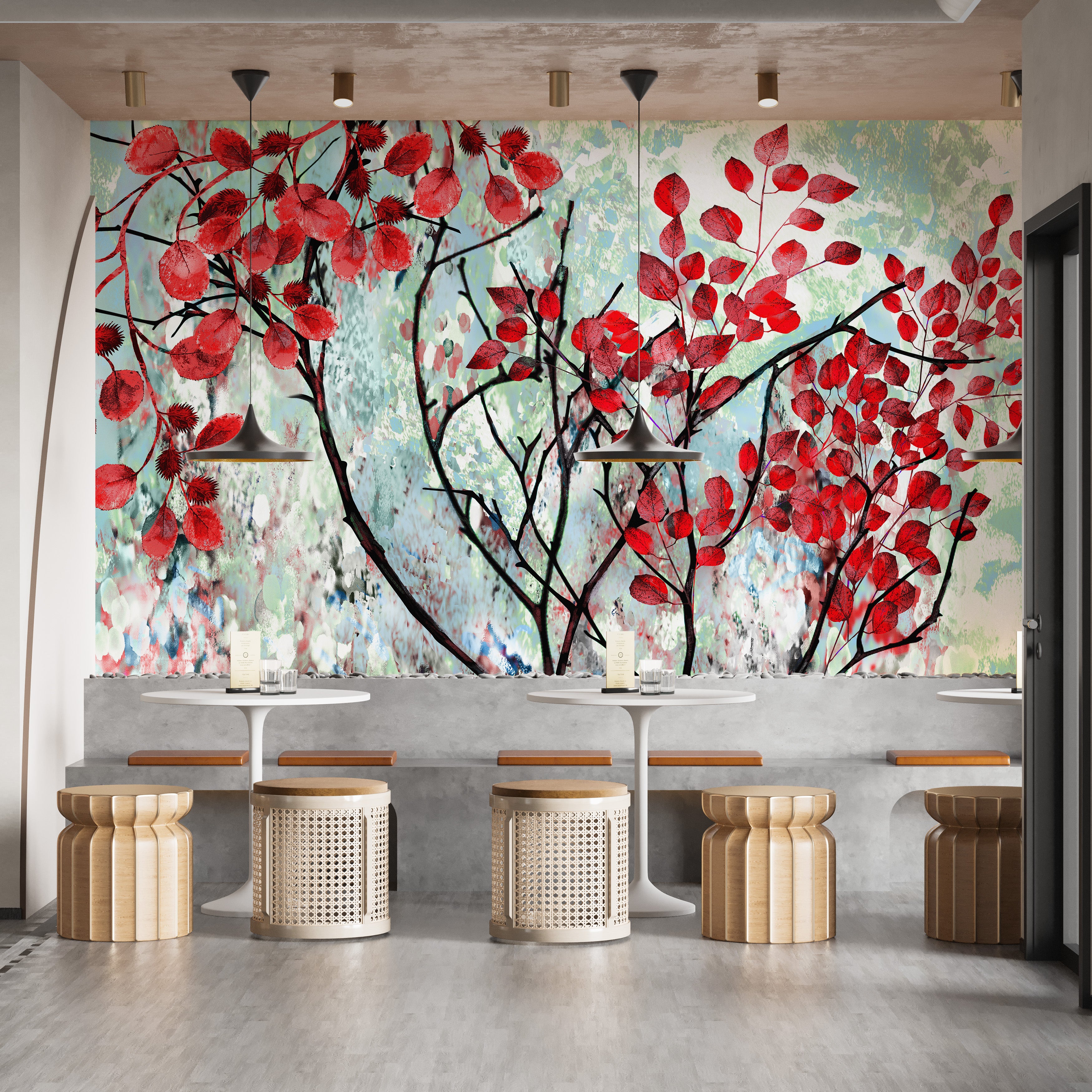 Oil painted red leaves wallpaper mural.