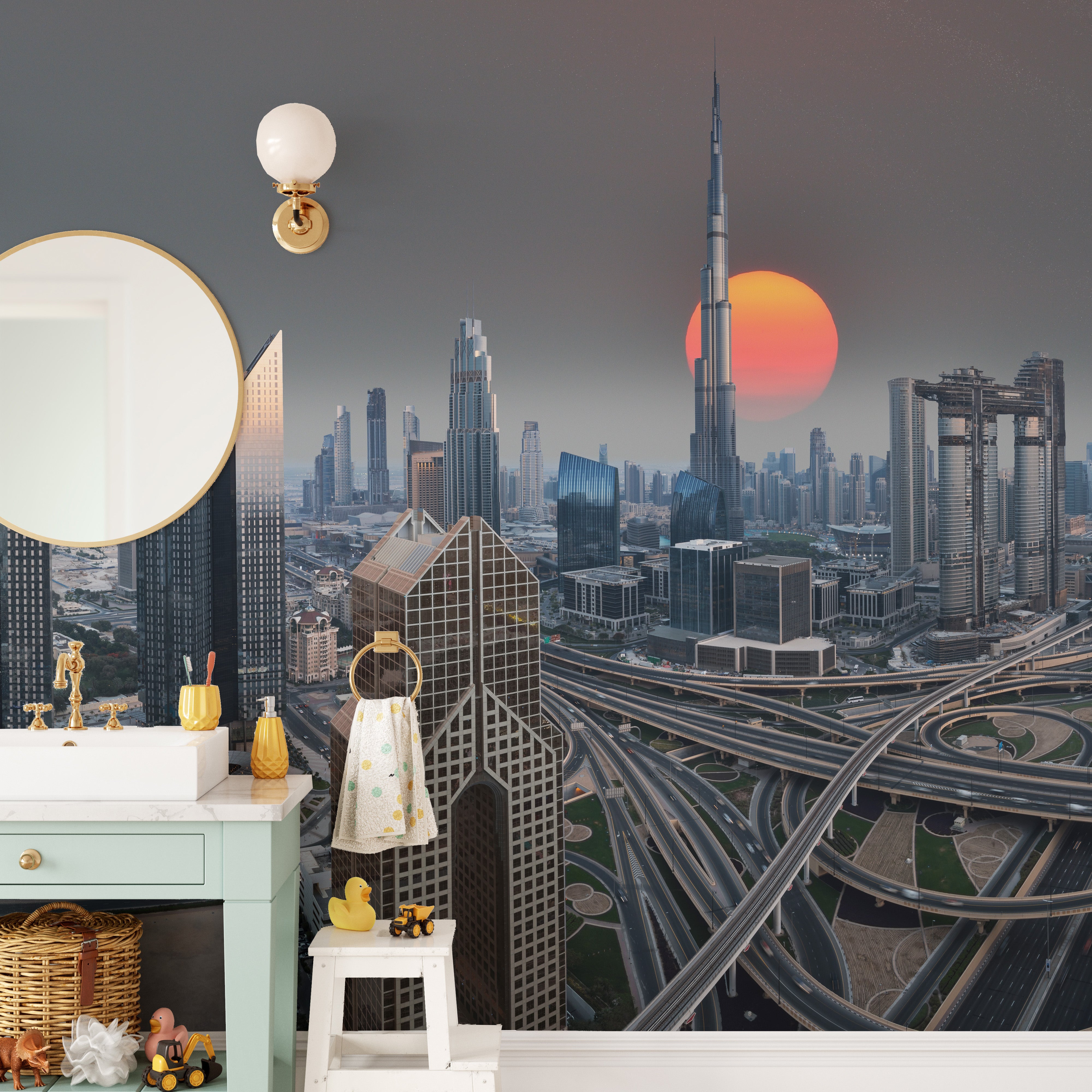 Sunrise mural with Dubai city skyline