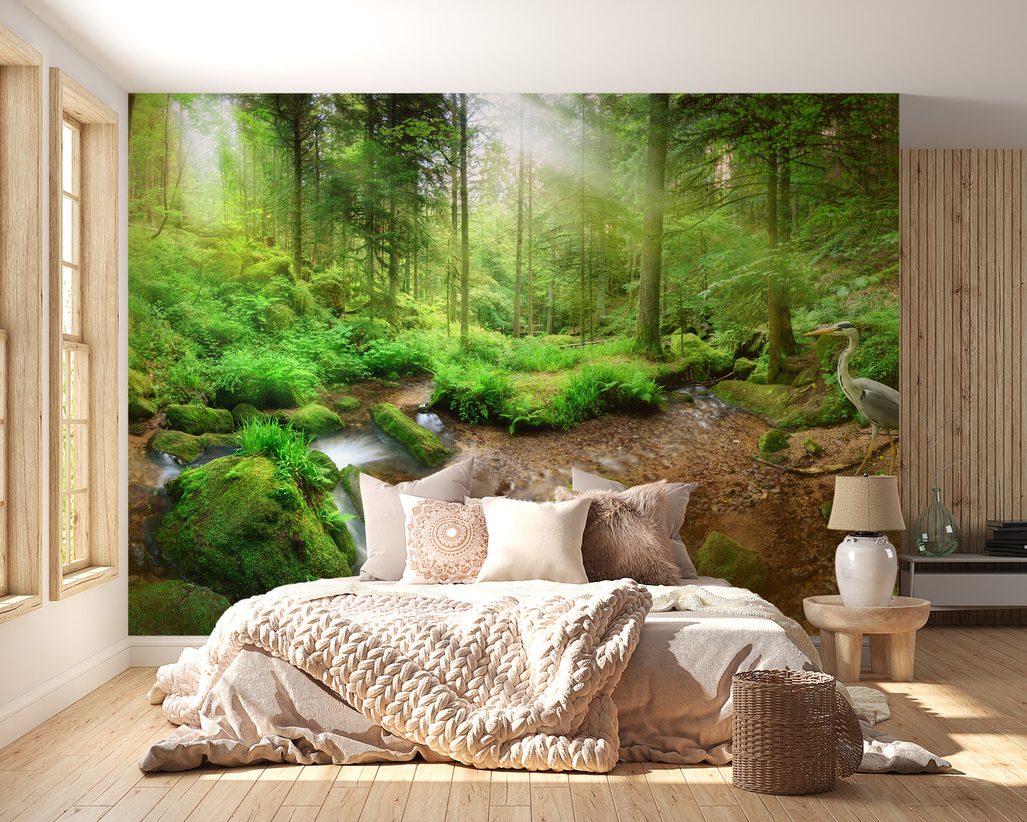 Green forest mural featuring heron design