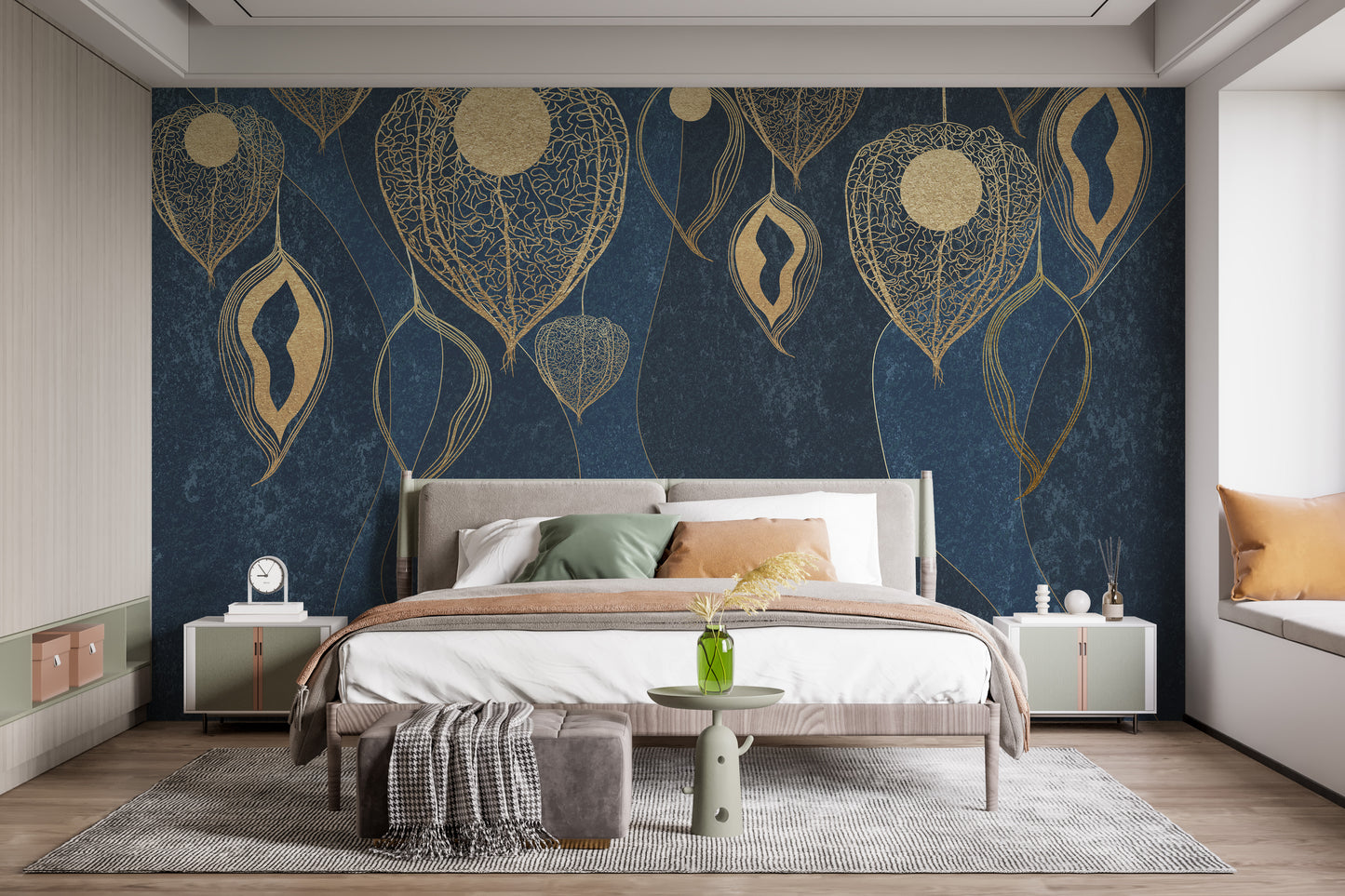 Golden Leaves on Dark Blue Wallpaper Murals