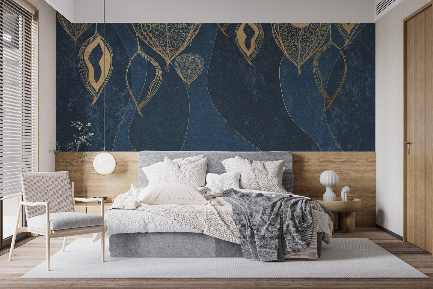 Golden Leaves on Dark Blue Wallpaper Murals