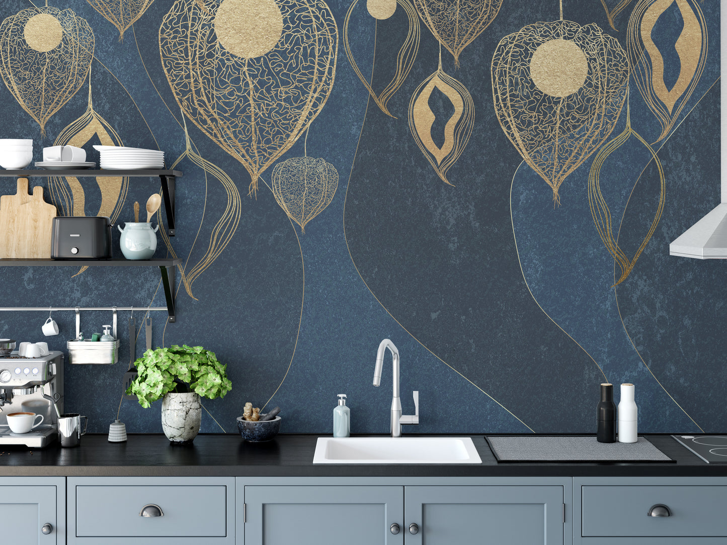 Golden Leaves on Dark Blue Wallpaper Murals