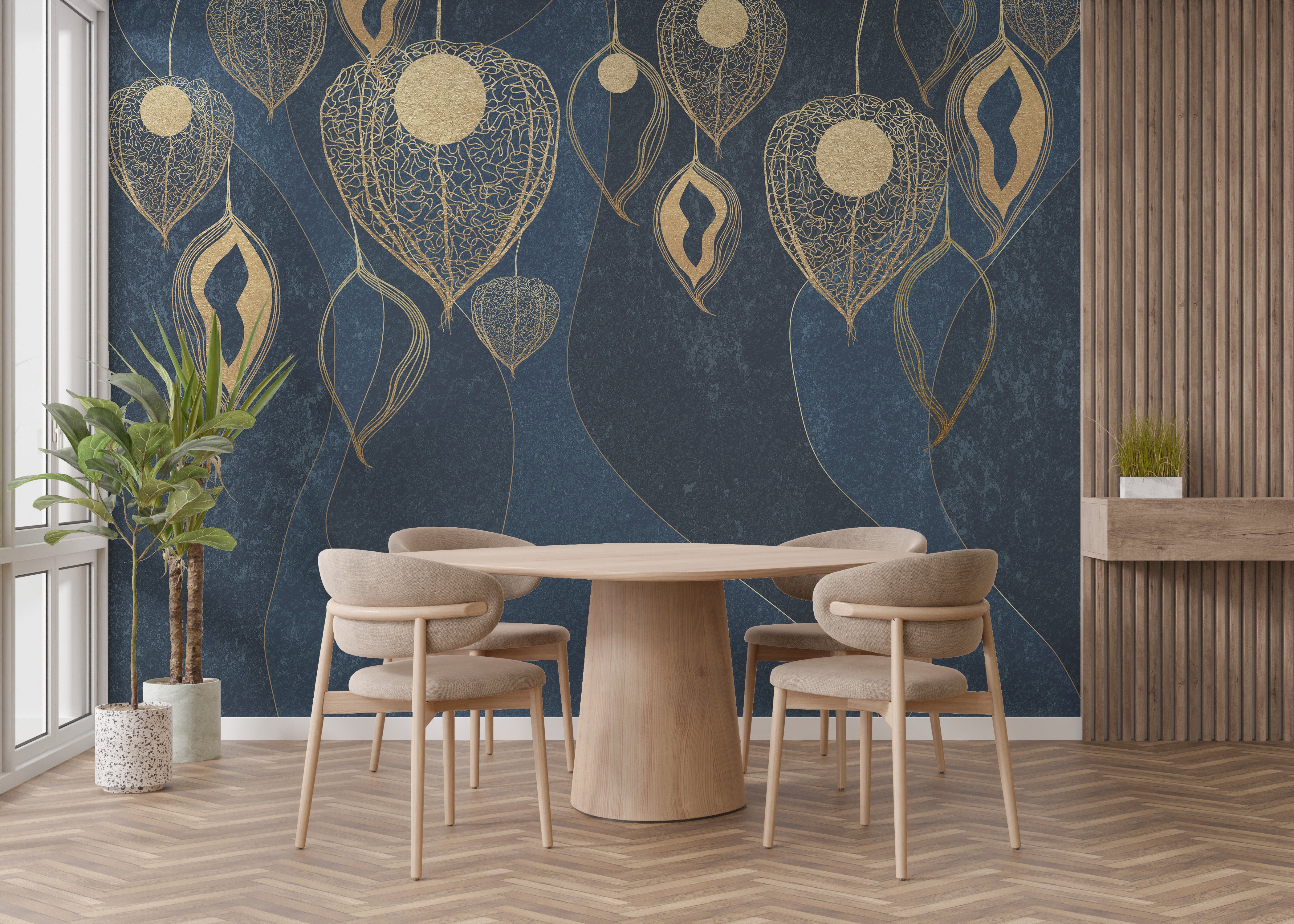 Dark blue mural with golden leaves