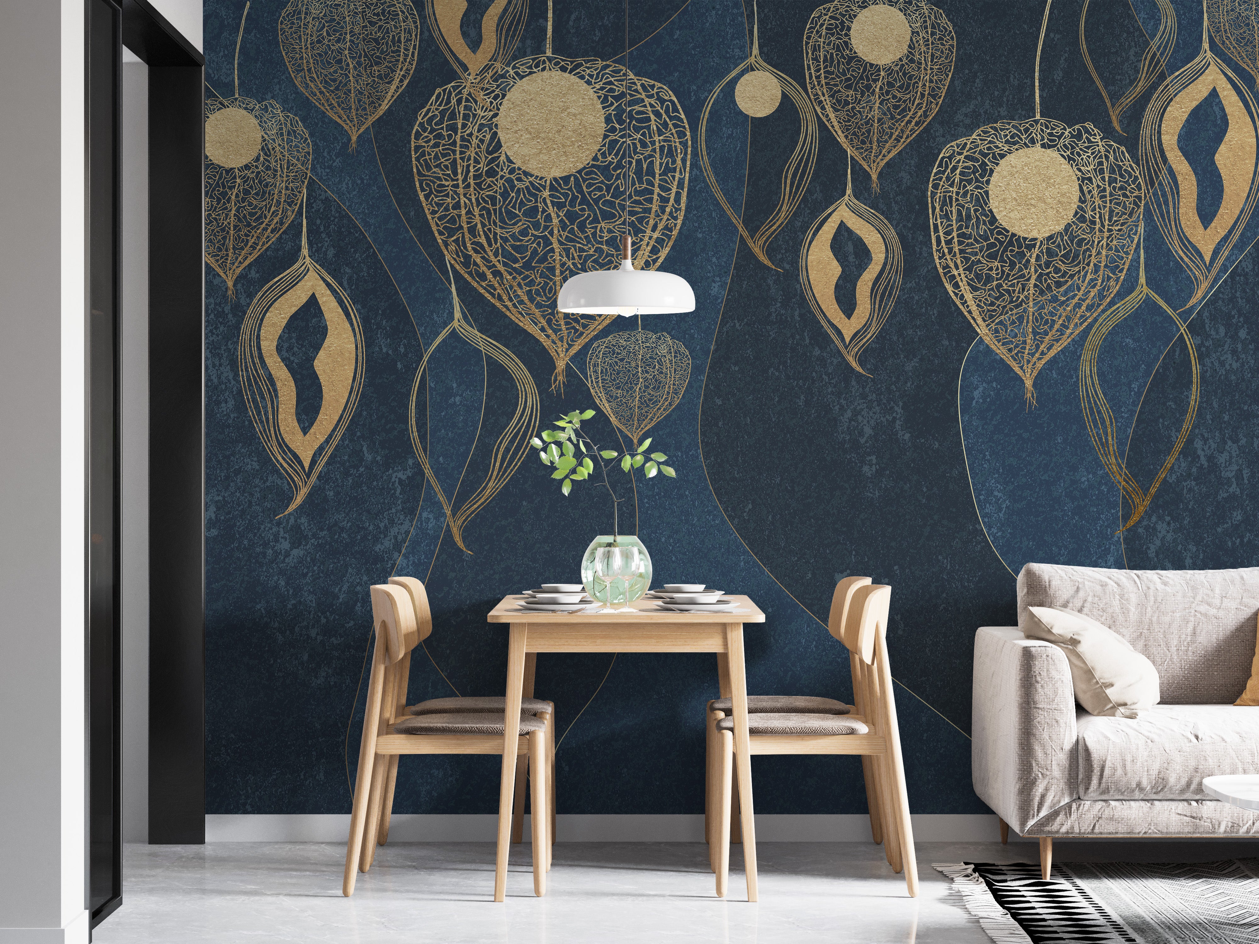 Golden leaves wallpaper mural on blue