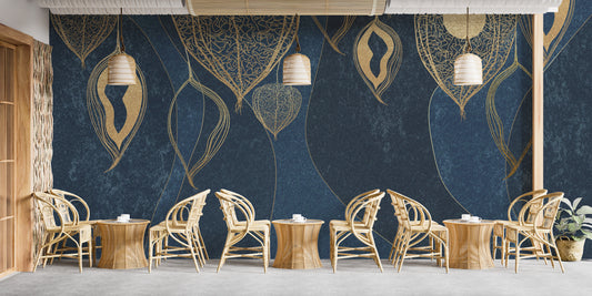 Golden Leaves on Dark Blue Wallpaper Murals