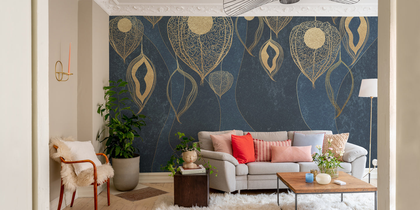 Dark blue and gold leaves wall design