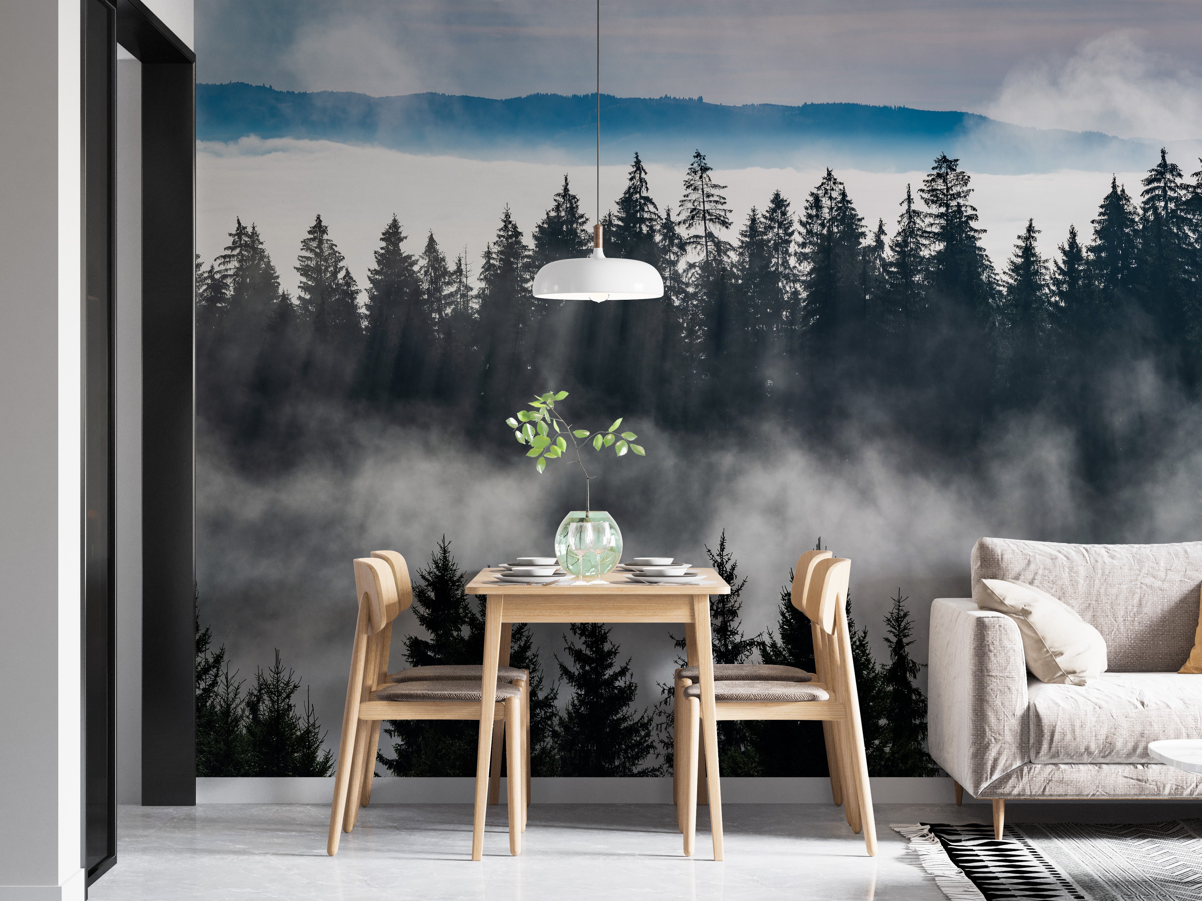 Peaceful misty forest mountain wallpaper for interiors