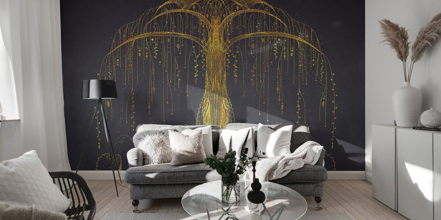 Abstract tree mural with golden accents