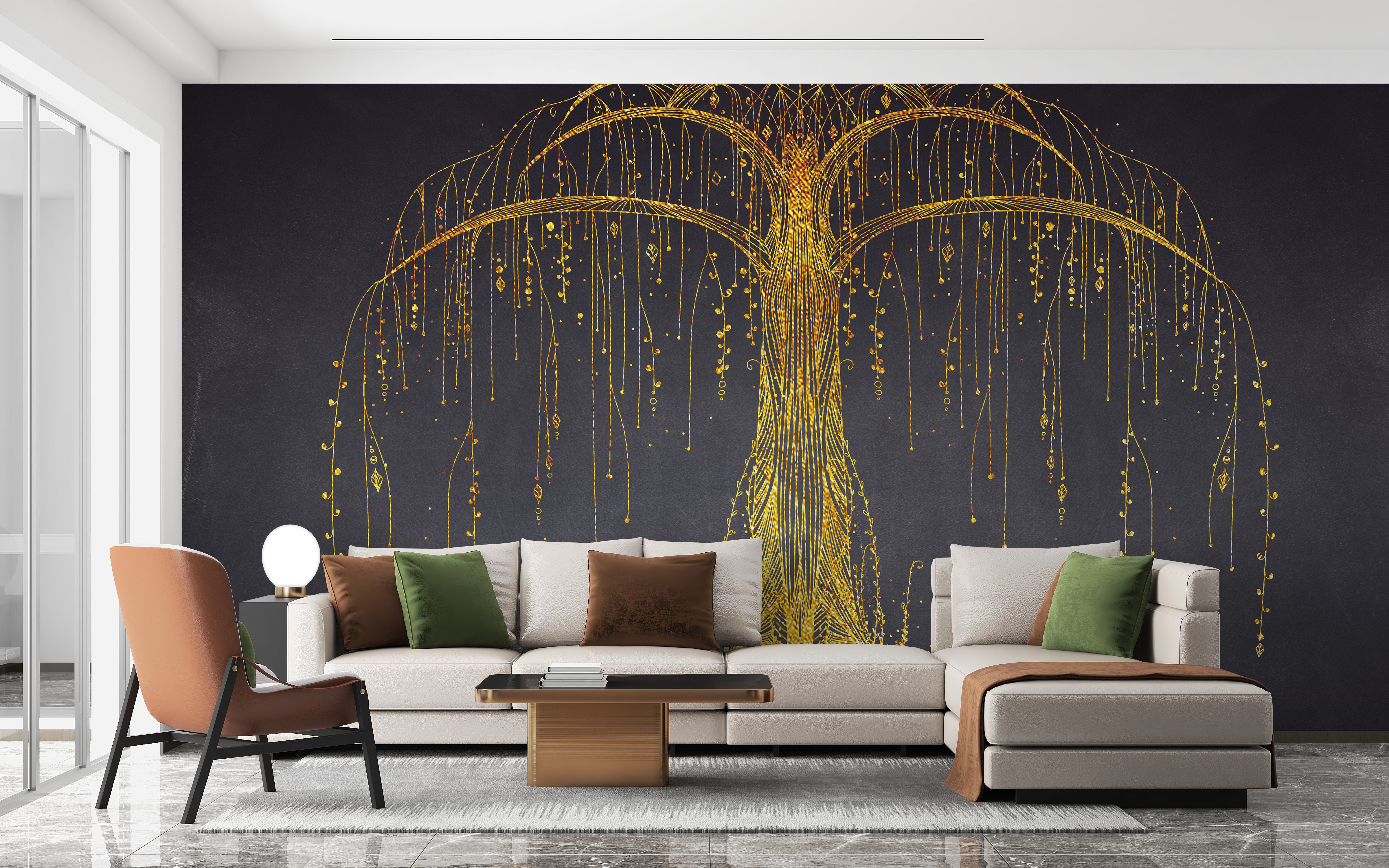 Ornamental tree wallpaper mural in gold