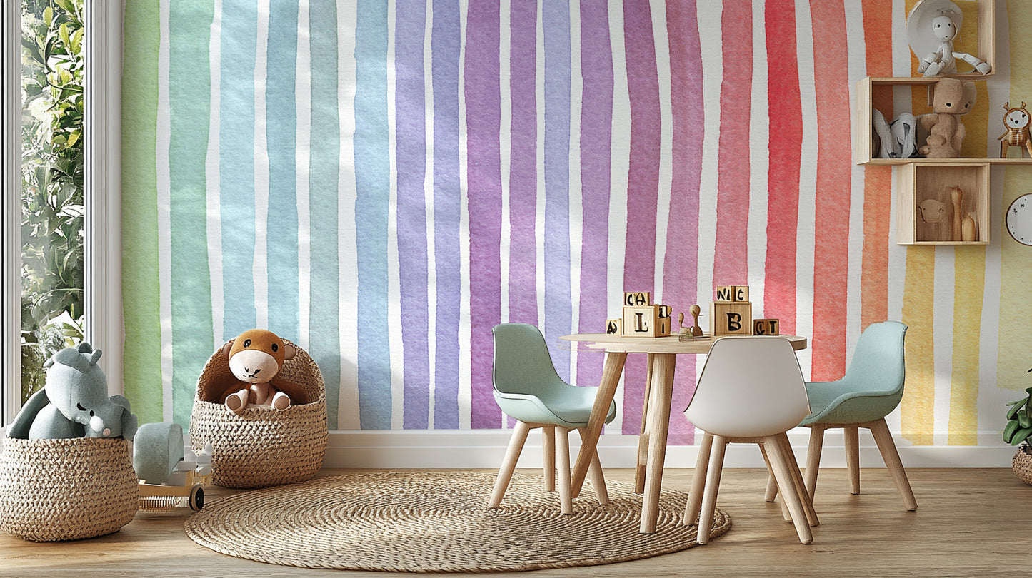 Watercolor rainbow striped wallpaper mural design