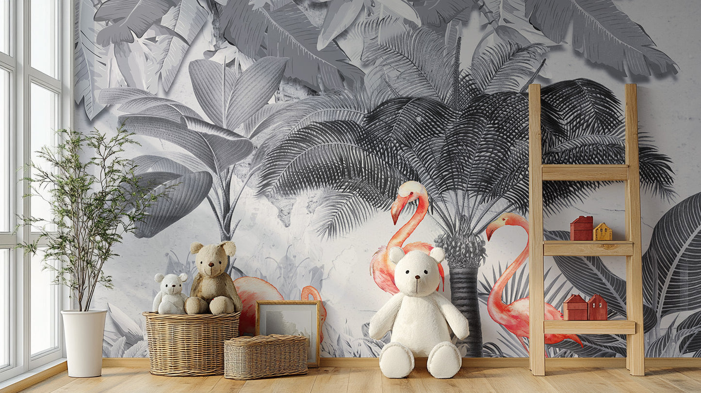 Monochrome Forest Pink Flamingo Wallpaper Murals