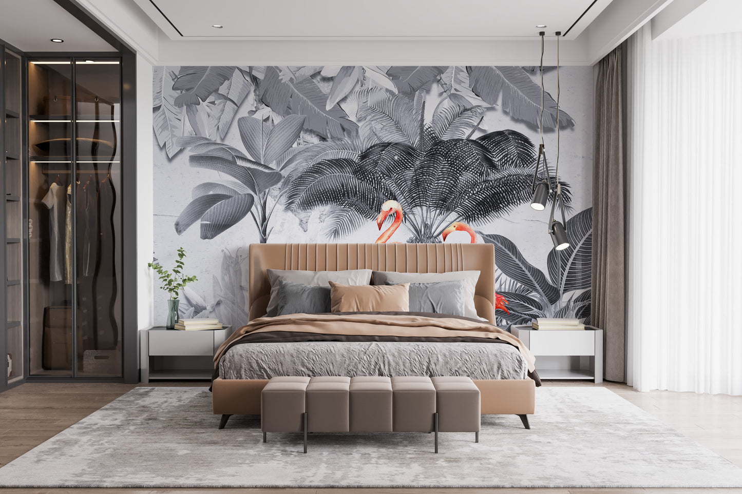 Monochrome Forest Pink Flamingo Wallpaper Murals