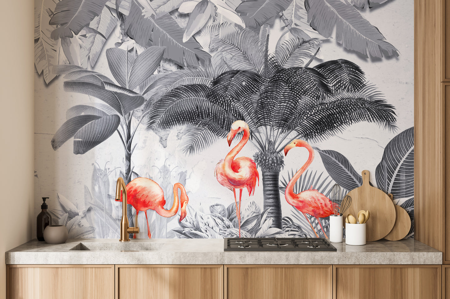 Monochrome Forest Pink Flamingo Wallpaper Murals