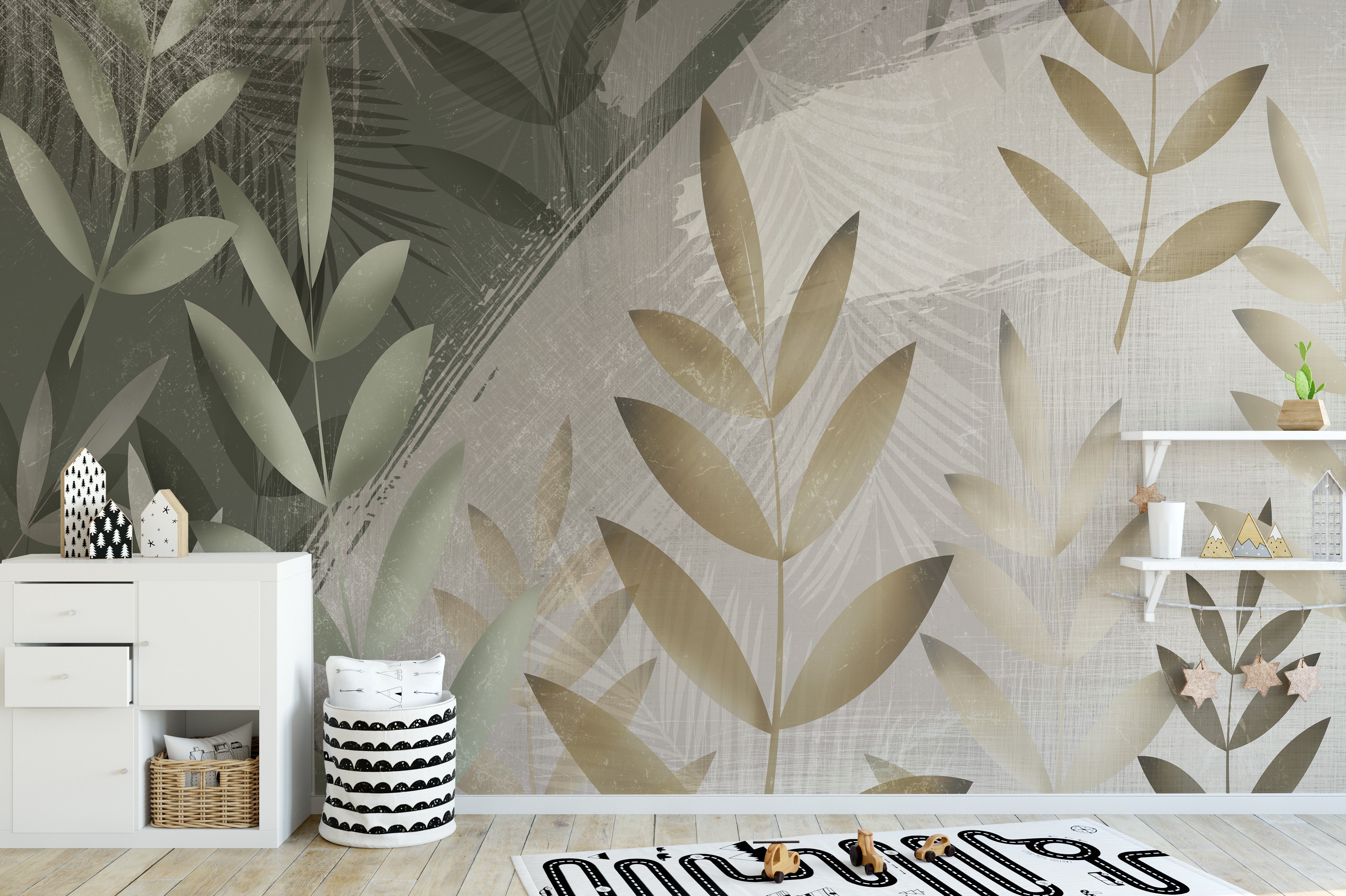 Green and Beige Color Leaves Wallpaper Murals - Giffywalls