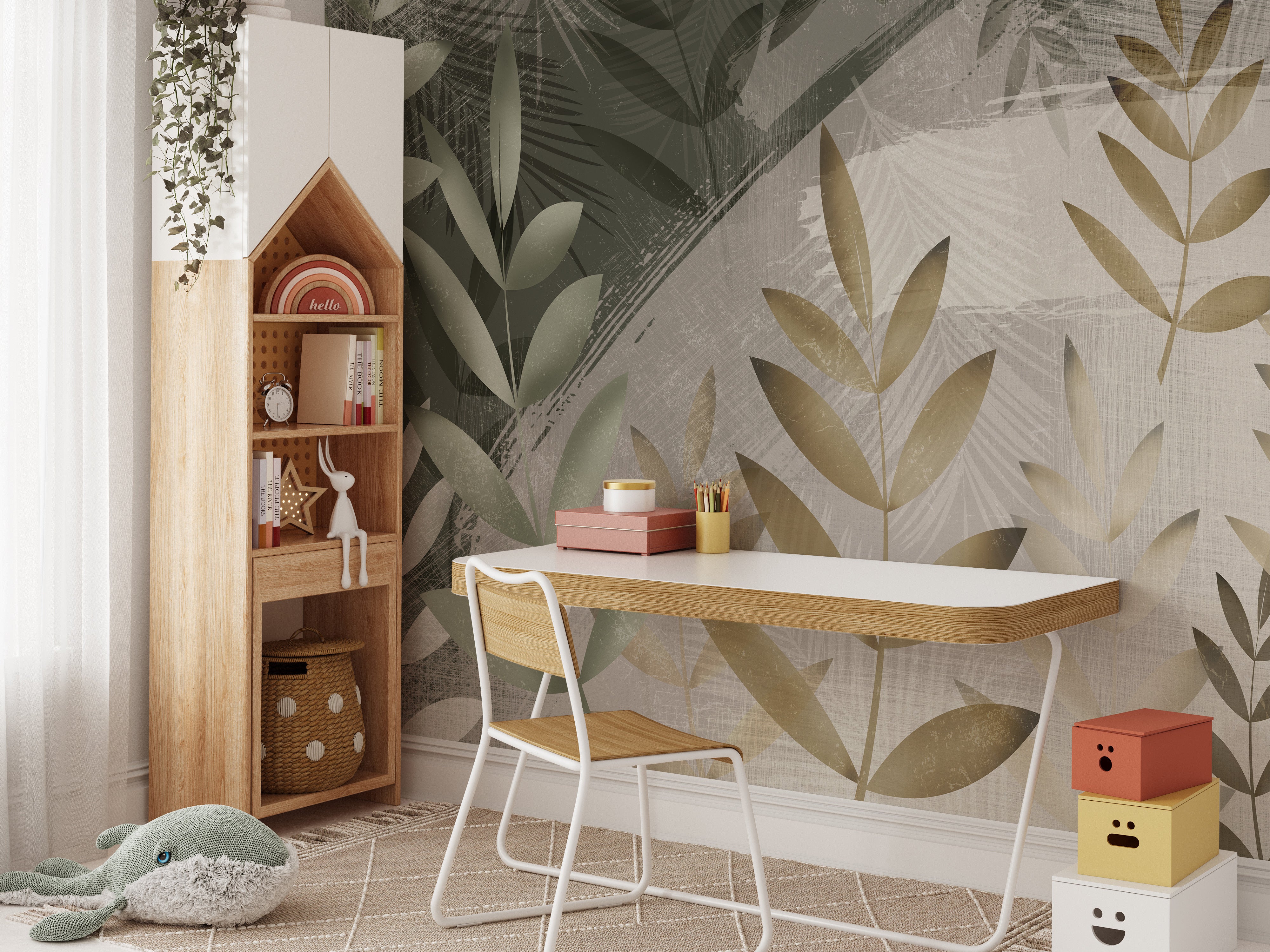 Green and Beige Color Leaves Wallpaper Murals - Giffywalls