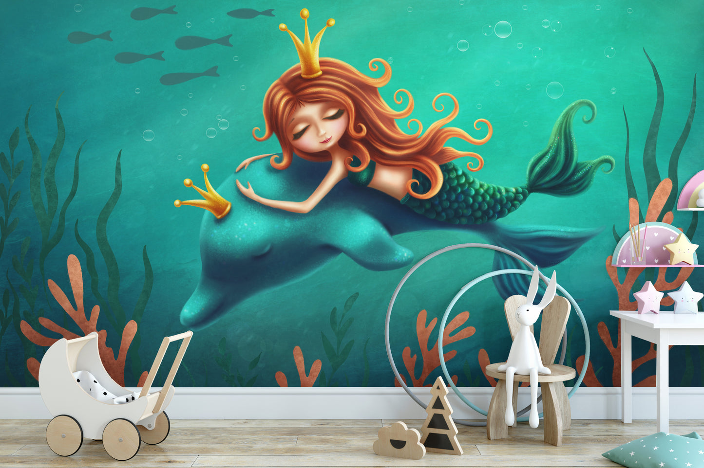 Underwater Mermaid and Dolphin Ride Removable Wallpaper Murals