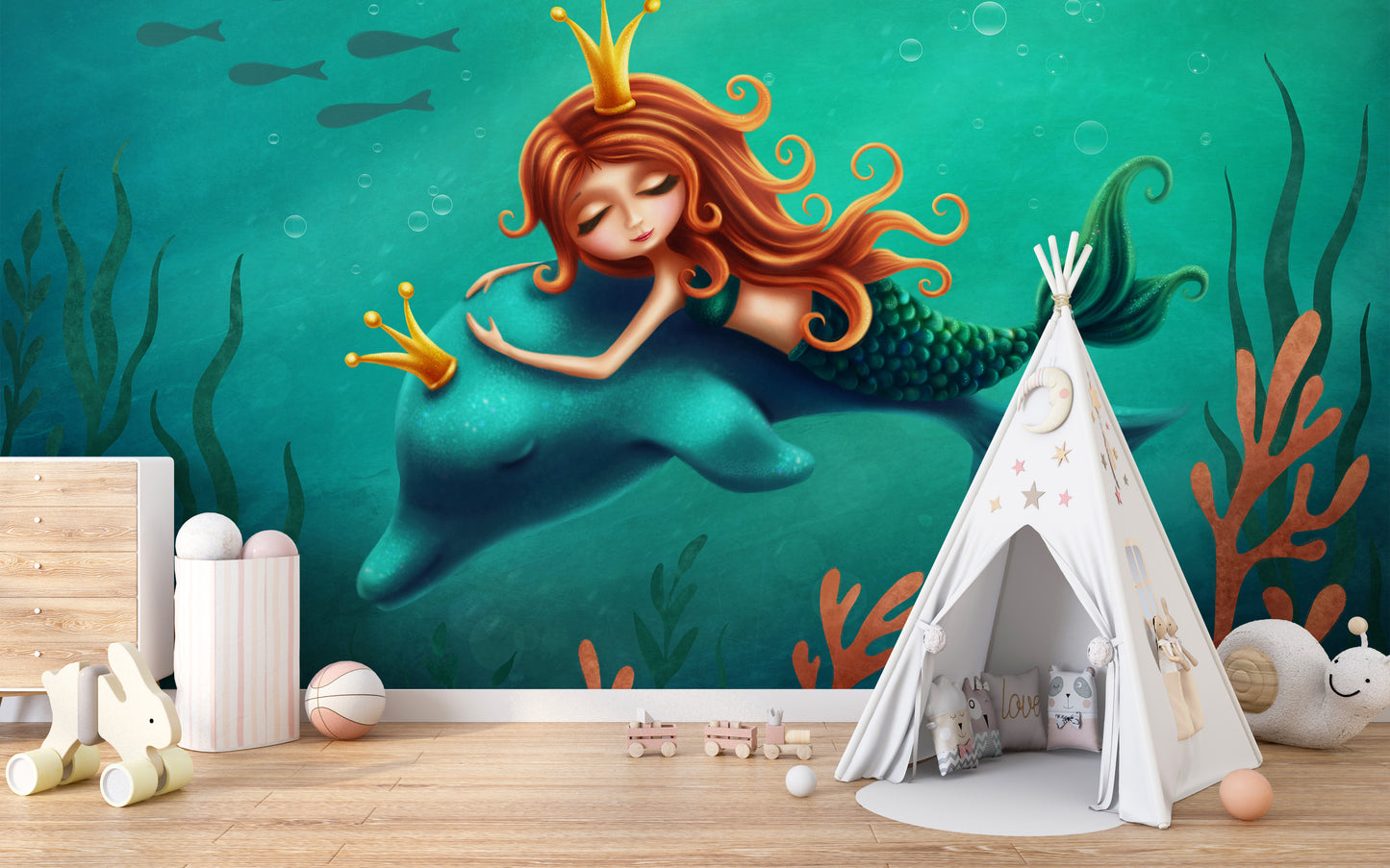 Underwater Mermaid and Dolphin Ride Removable Wallpaper Murals