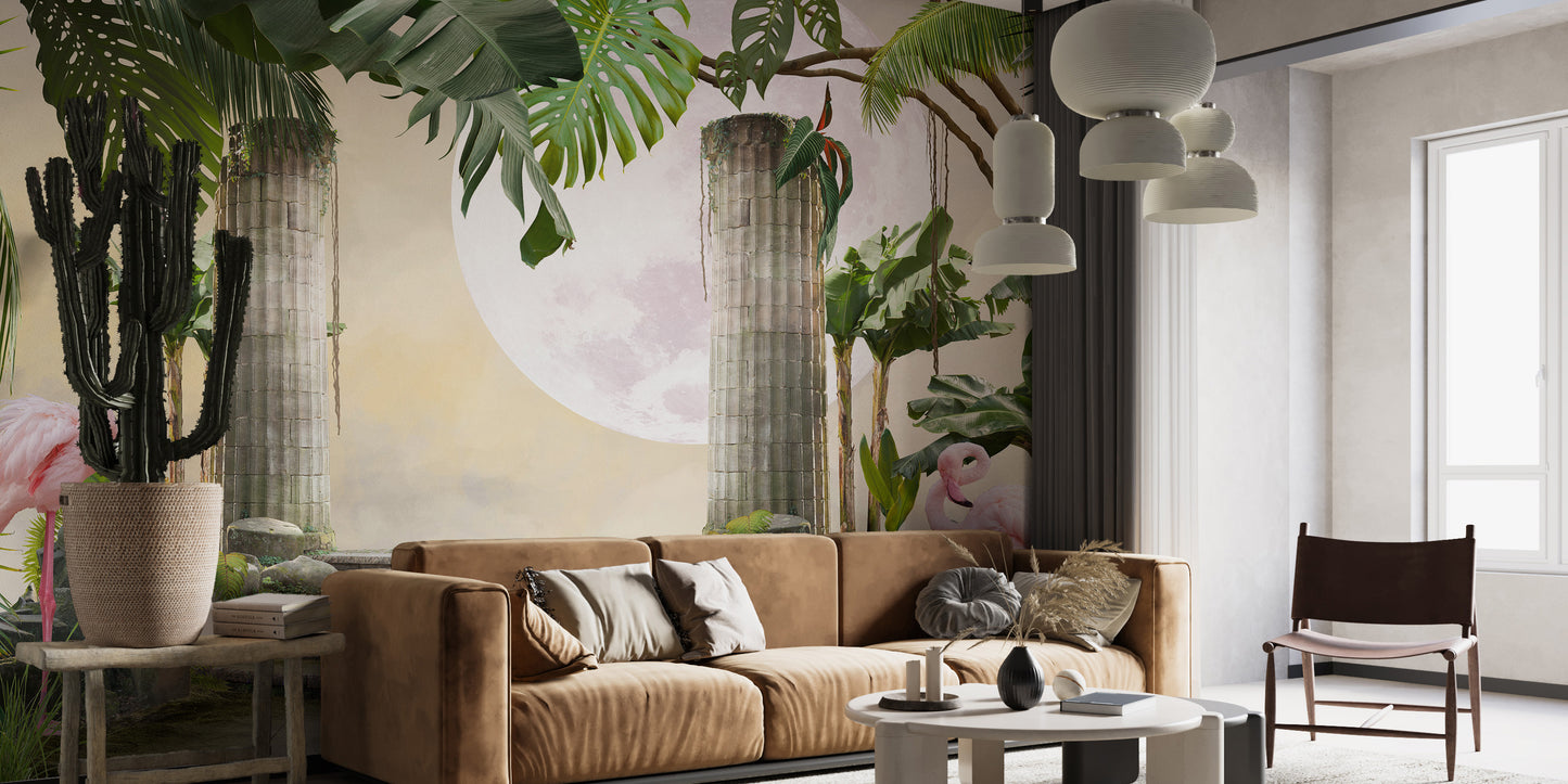 Moon Flamingo Banana Leave Wallpaper for Walls