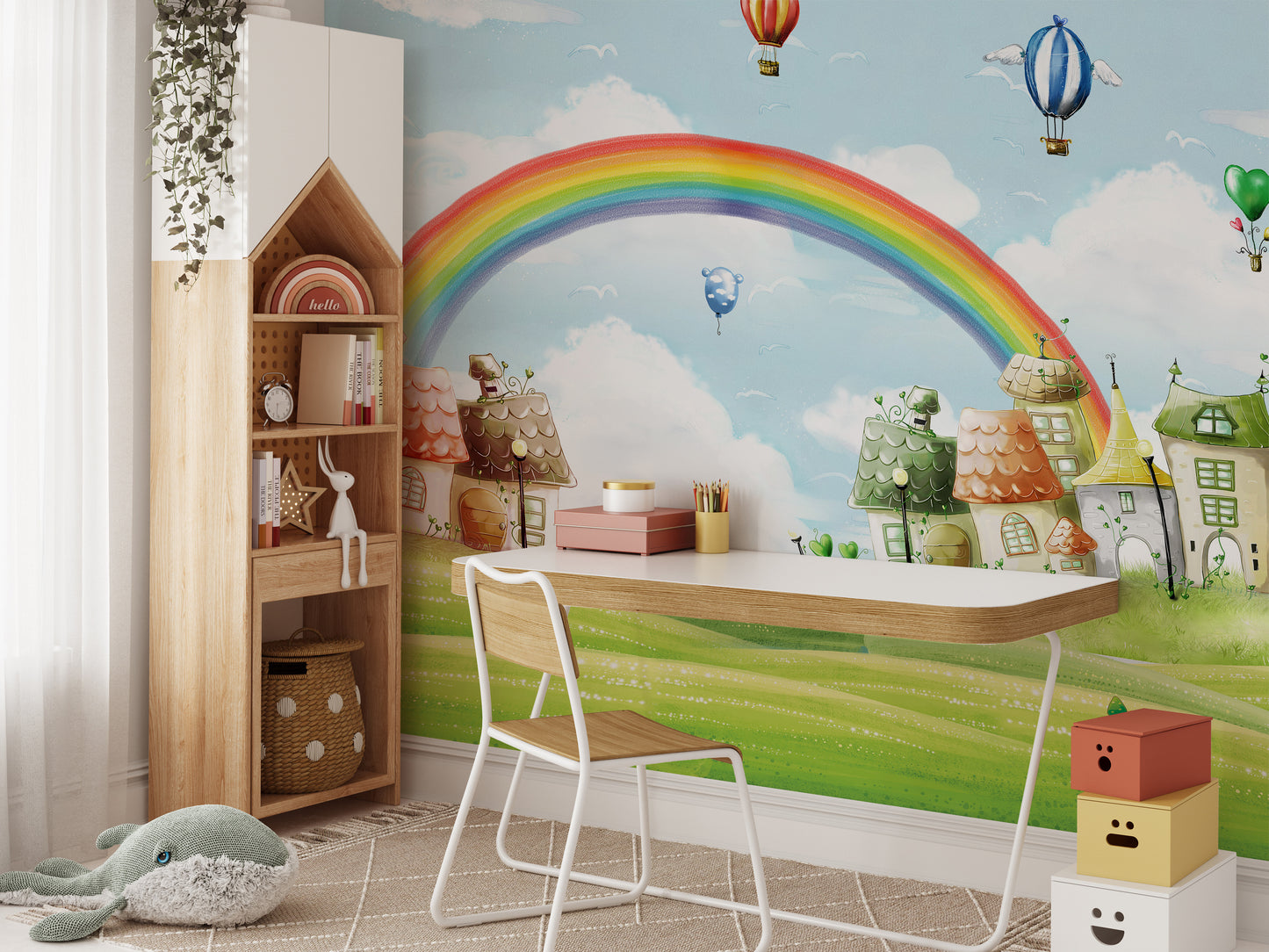 Kids City Landscape Rainbow Balloons Wallpaper Murals