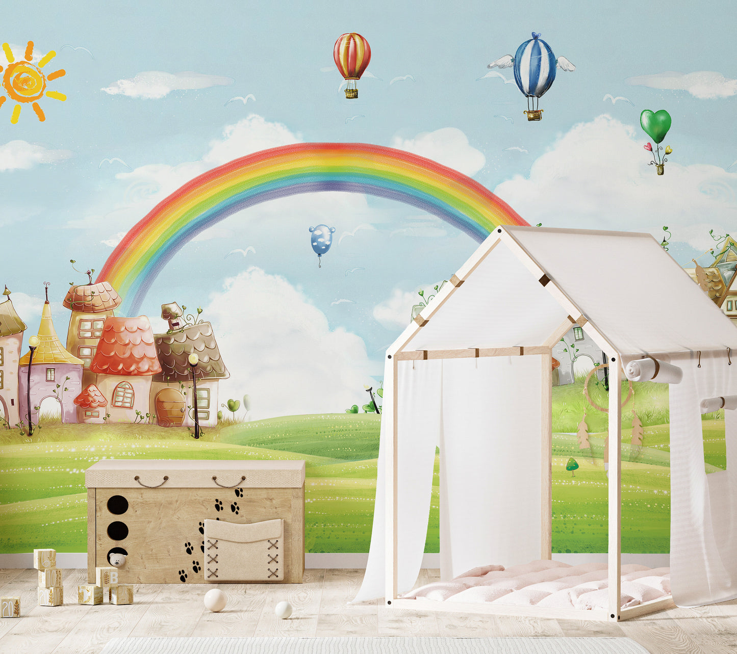 Kids City Landscape Rainbow Balloons Wallpaper Murals