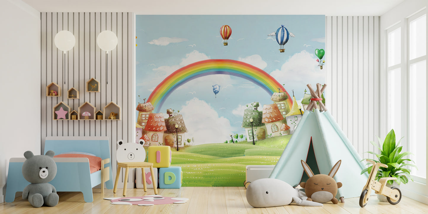 Kids City Landscape Rainbow Balloons Wallpaper Murals