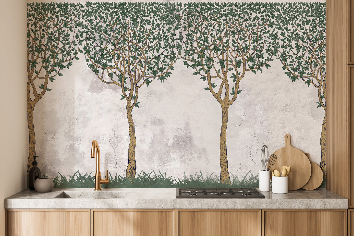 Green Foliage on Concrete Wall Mural