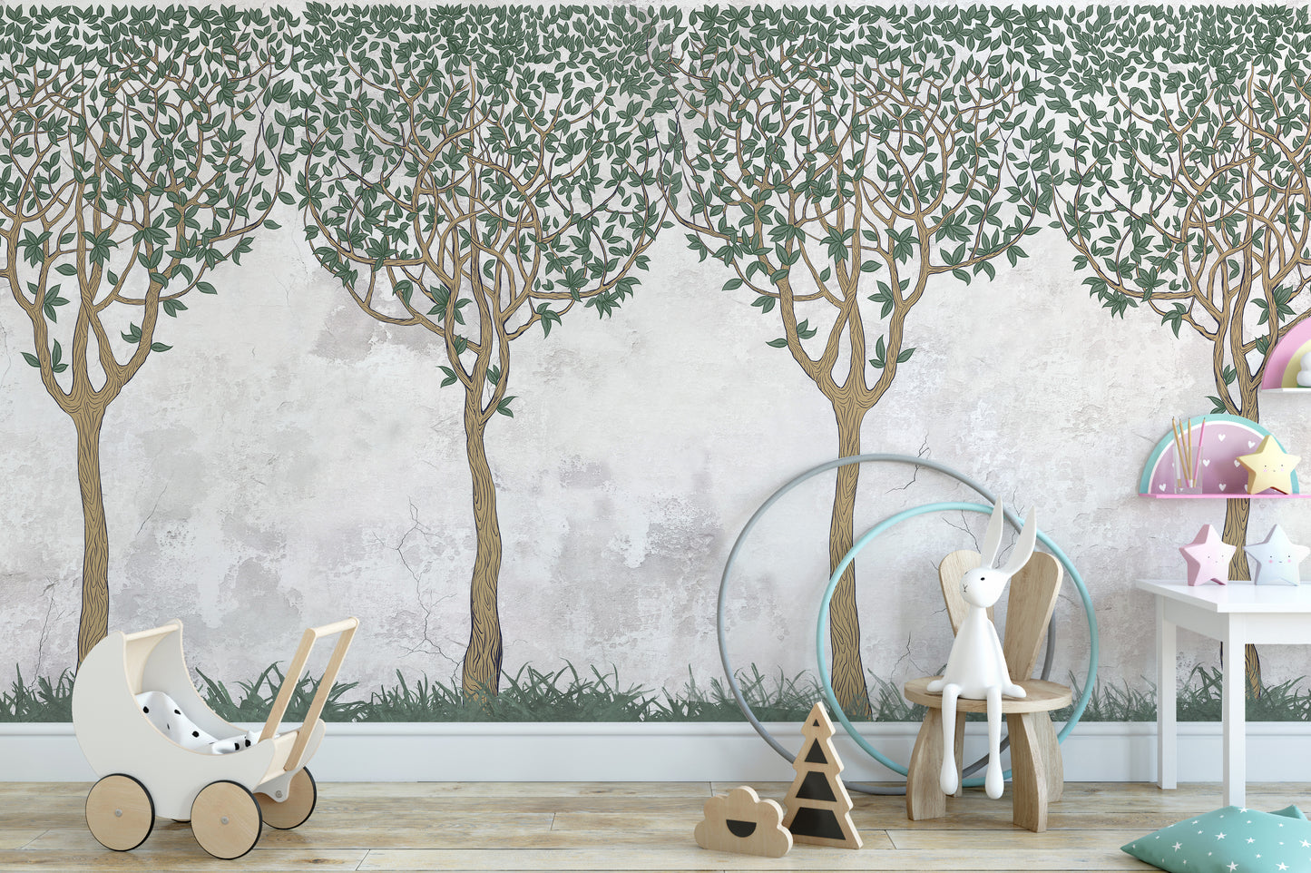 Green Painted Trees Concrete Wall Paper Murals