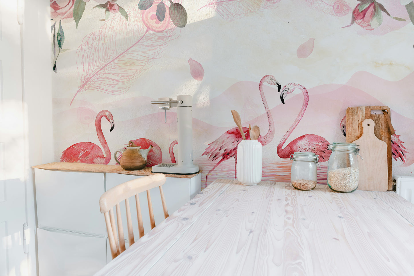 Flamingo and Palm Leaf Wall Covering