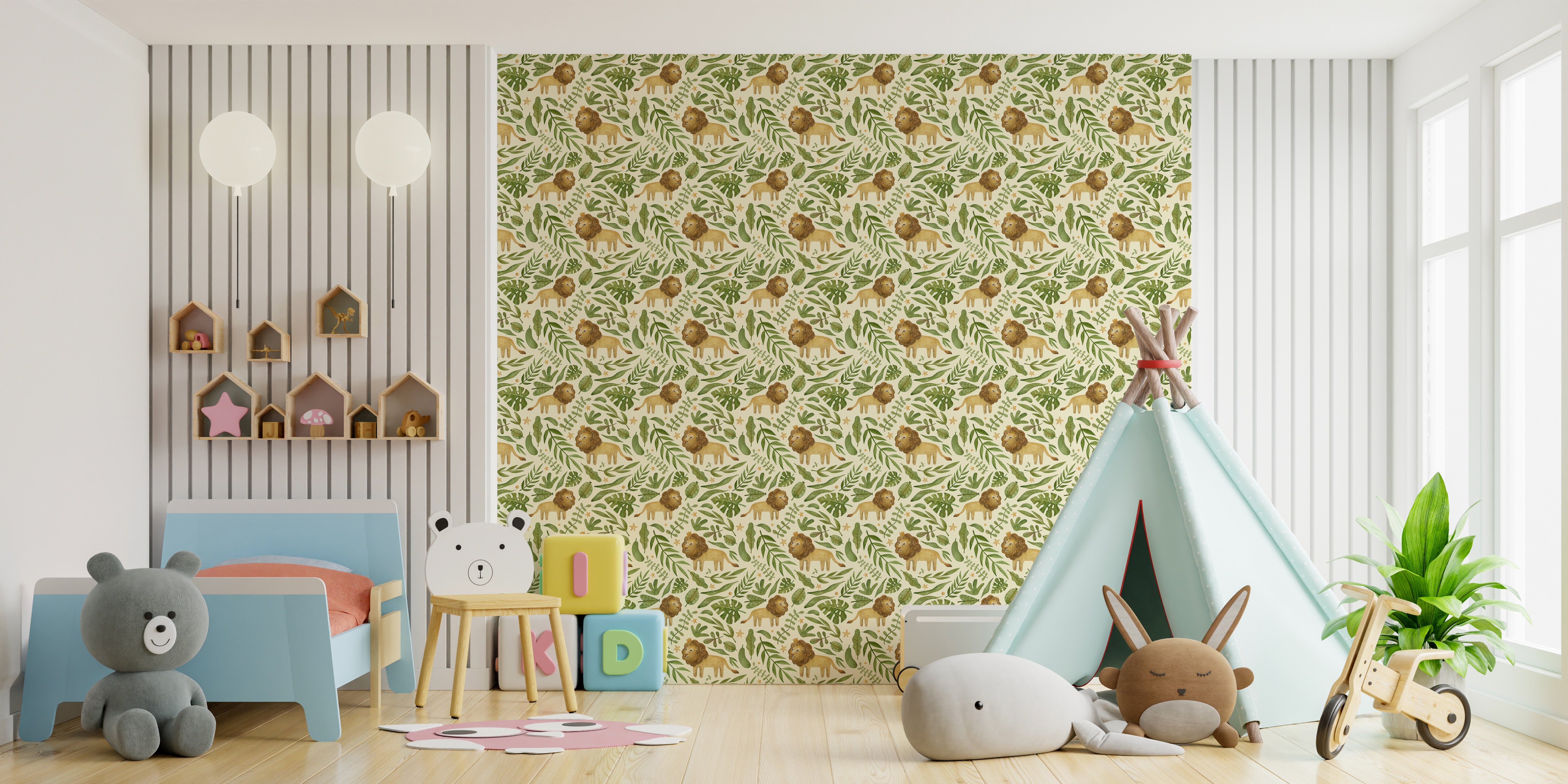 Artistic lion wallpaper with leafy accents
