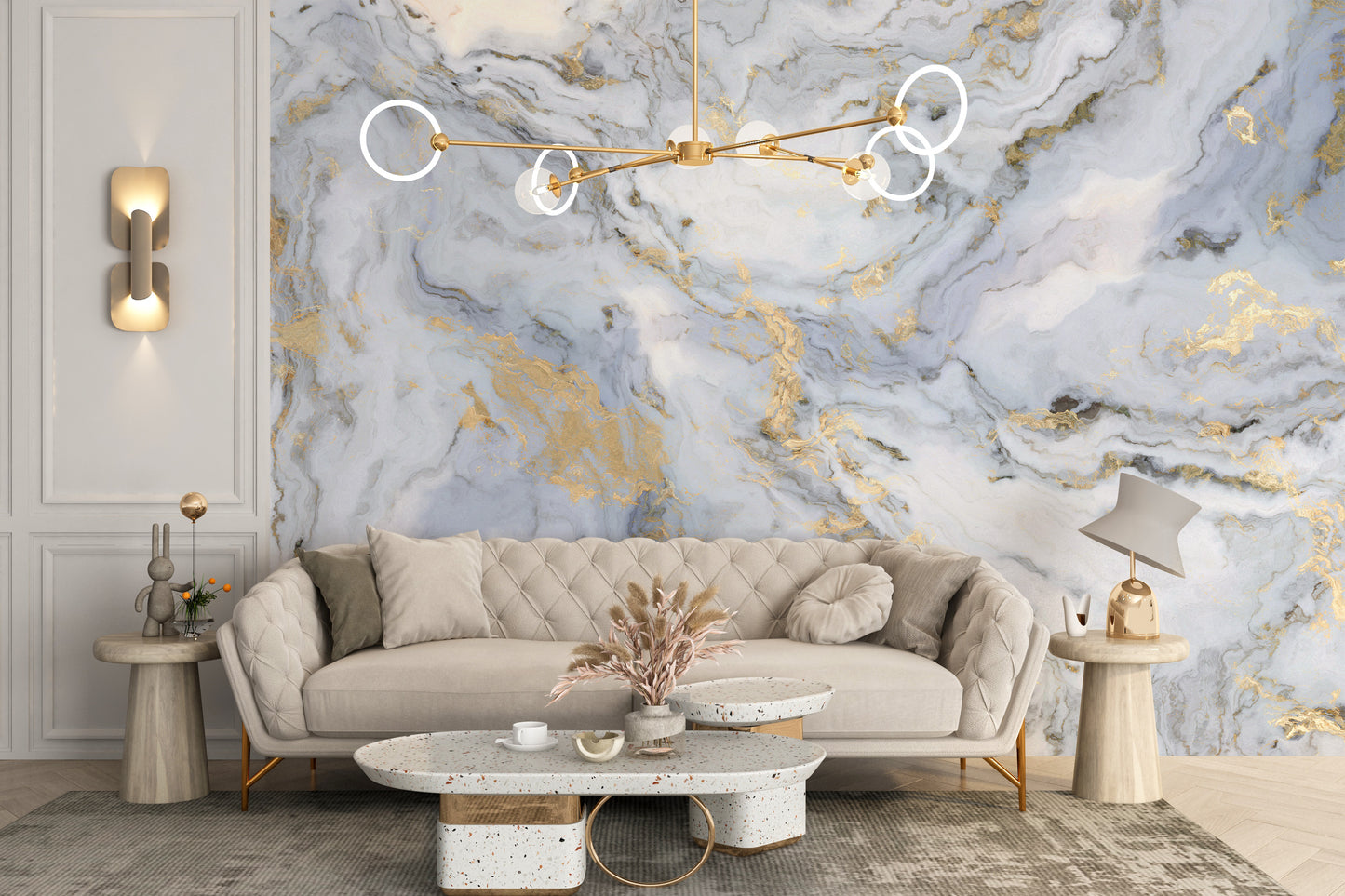 Chic white marble wallpaper with shimmer
