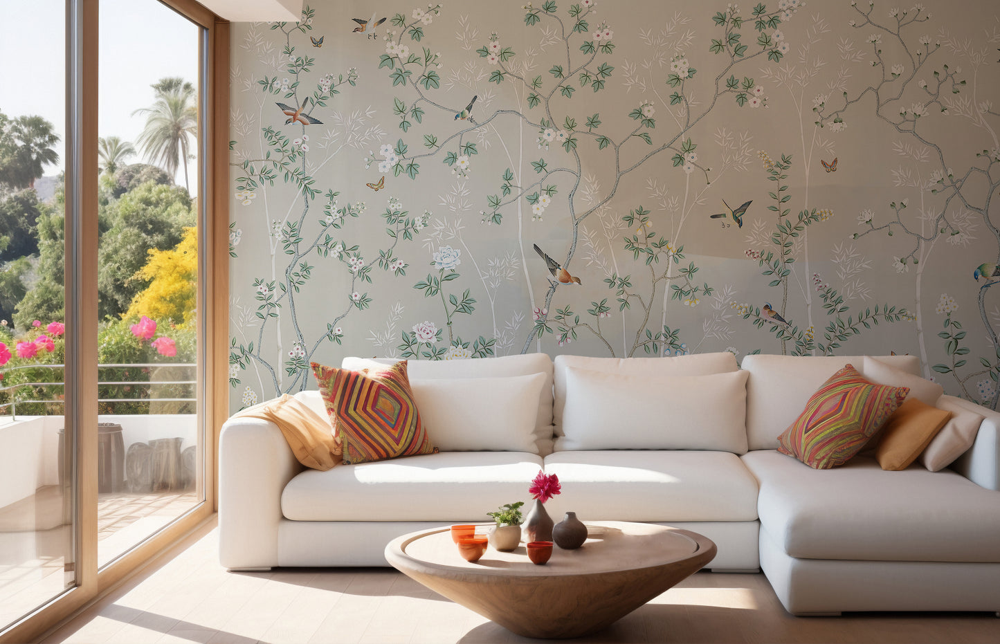 Gray & Green Leaves Chinoiserie Wallpaper