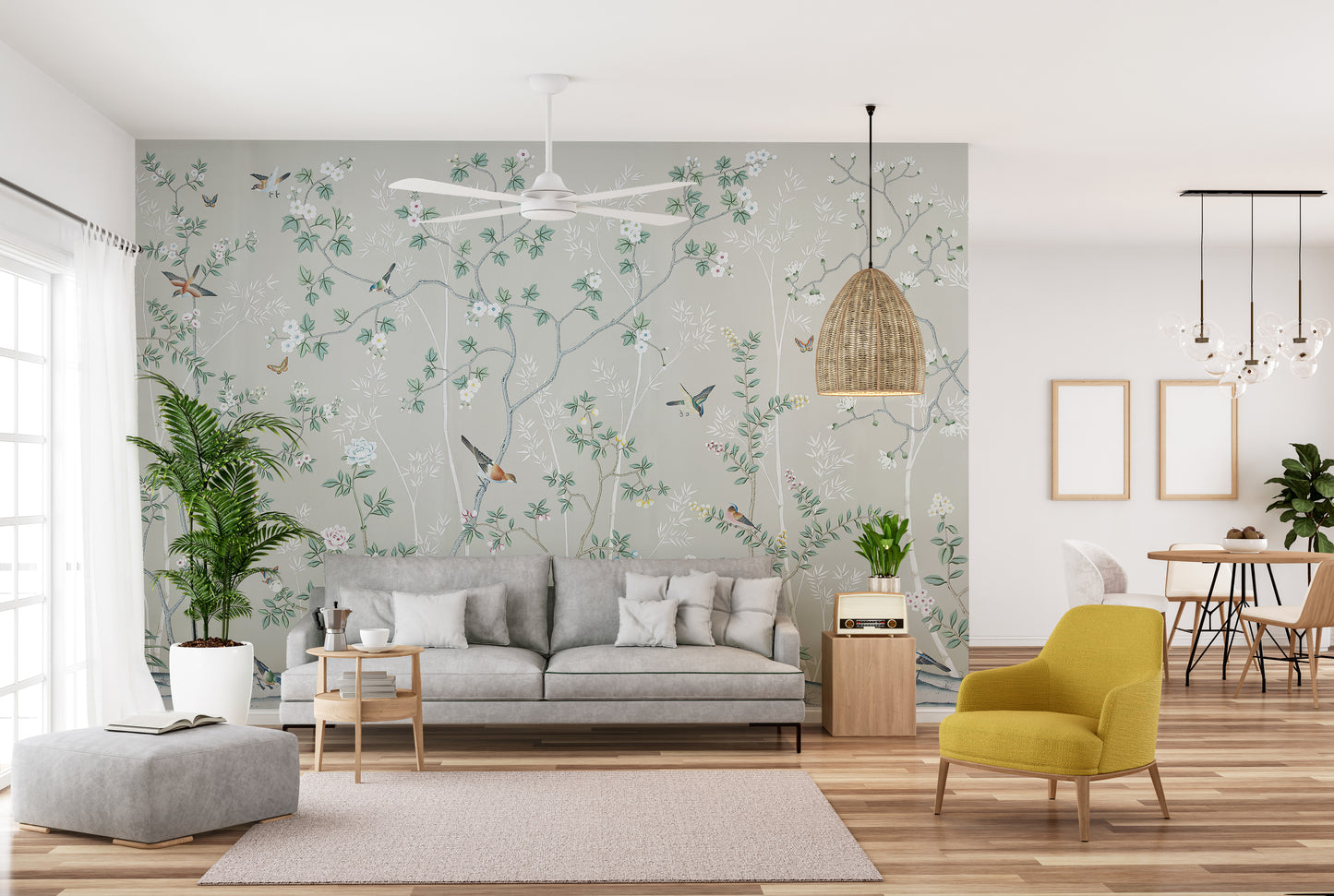 Gray & Green Leaves Chinoiserie Wallpaper