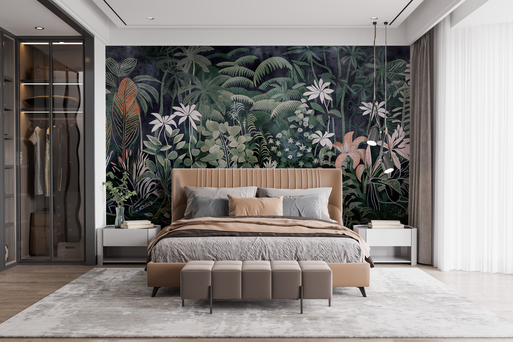 Botanical wallpaper mural with tropical leaf patterns.