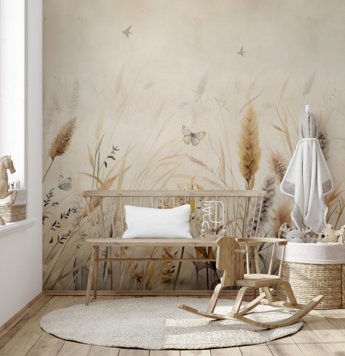 Wallpaper mural with serene grassland and fauna.