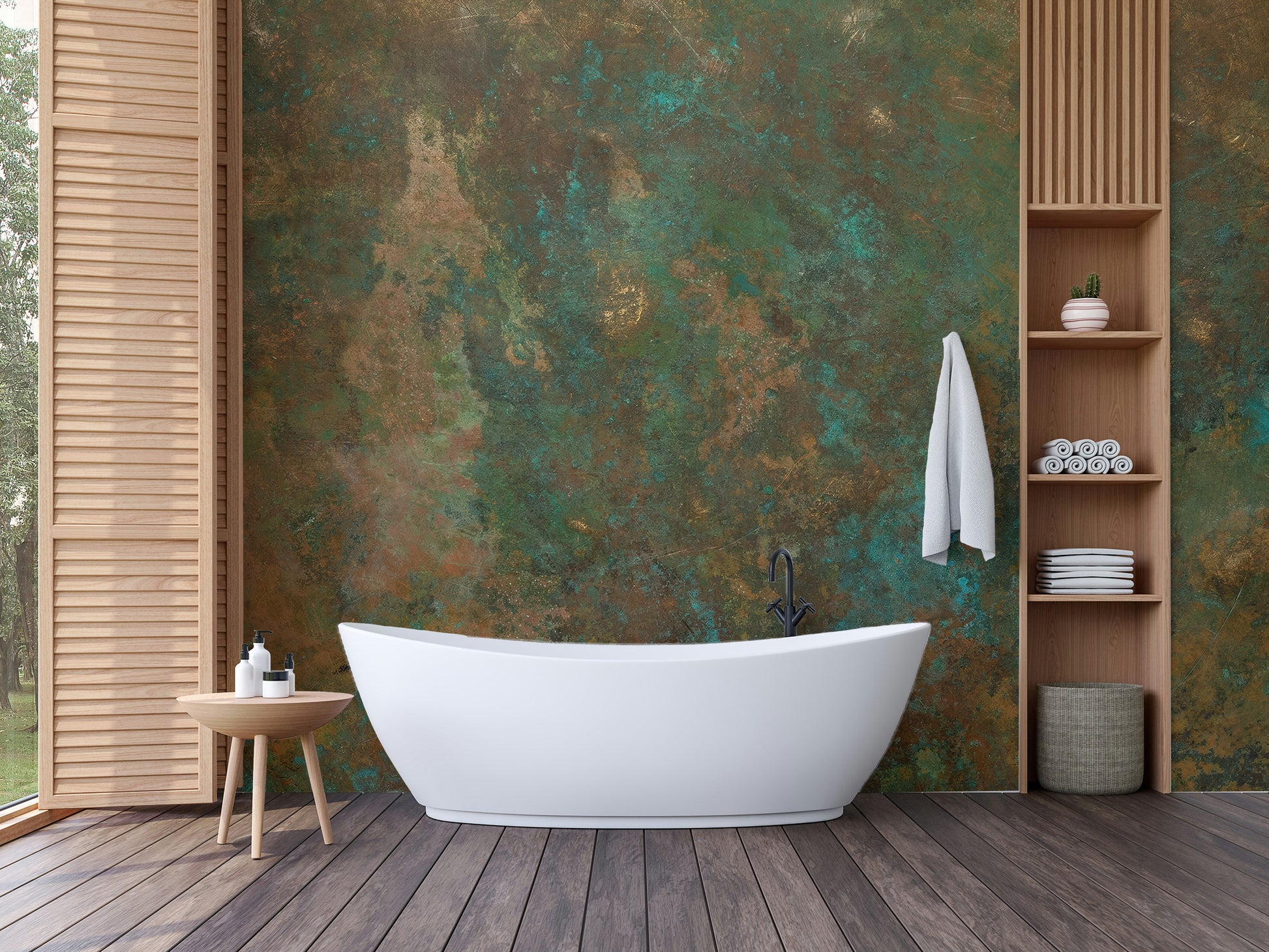 Luxurious bronze teal wall mural for serene bathroom decor.