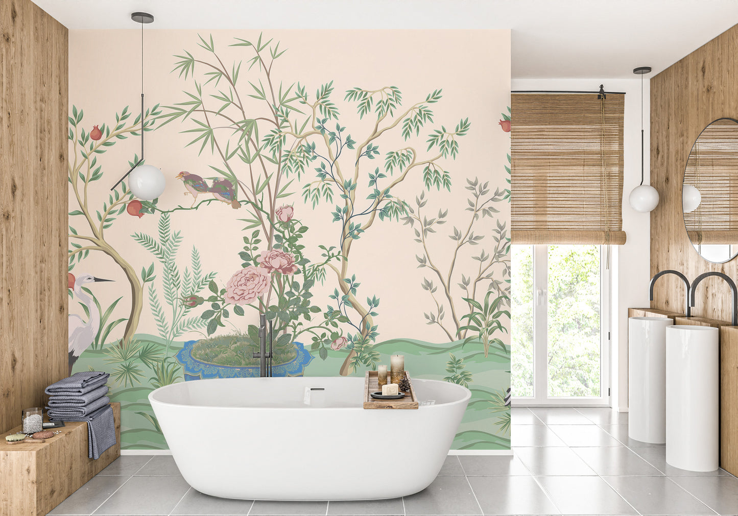 Decorative wall mural featuring Chinese garden scenes