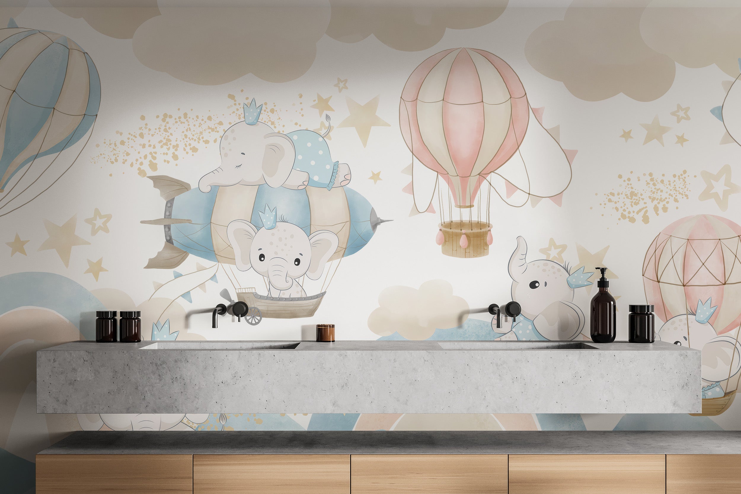 Whimsical elephant adventure wallpaper for kids' rooms