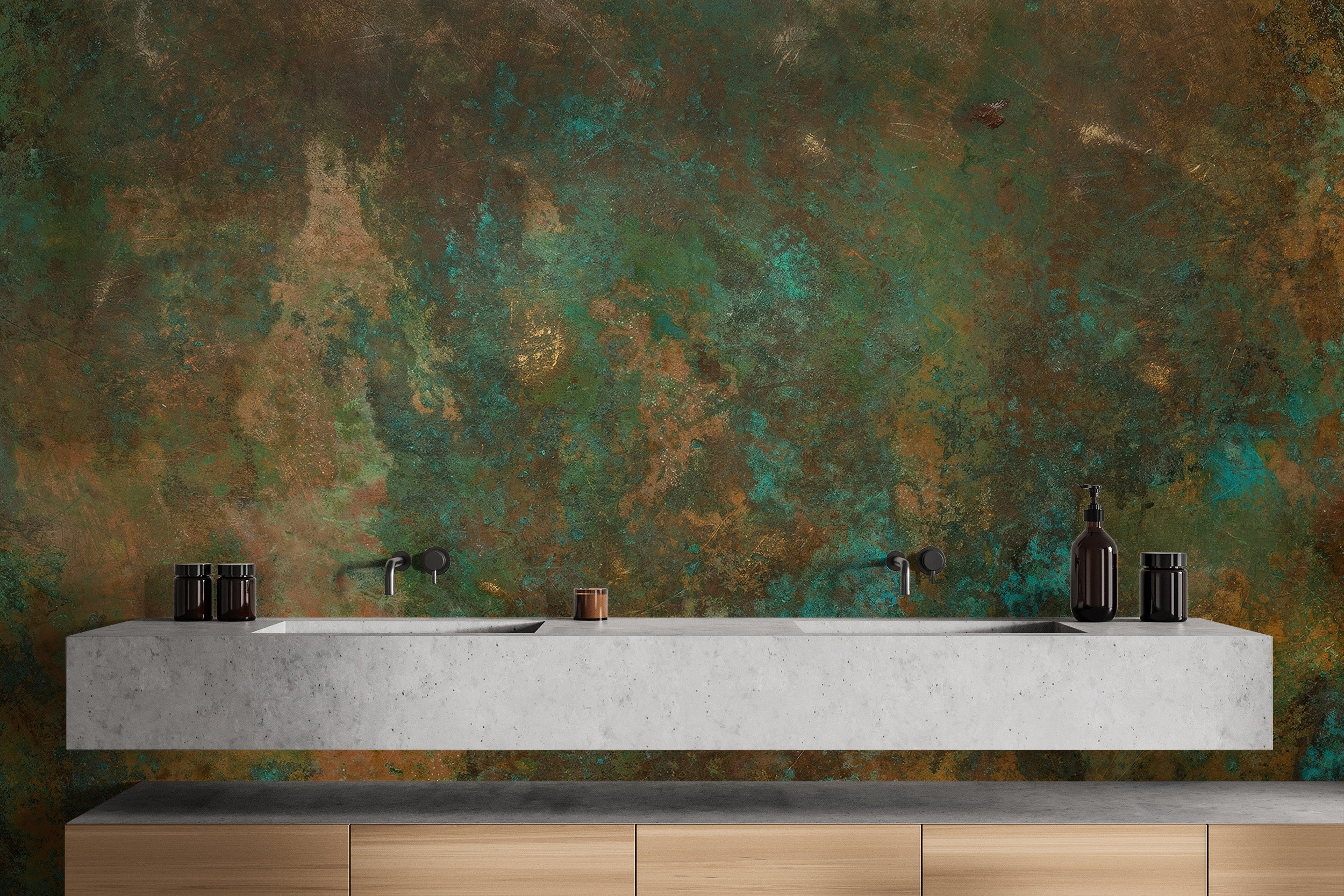 Unique ancient bronze teal mural wallpaper for tranquil bathroom spaces.