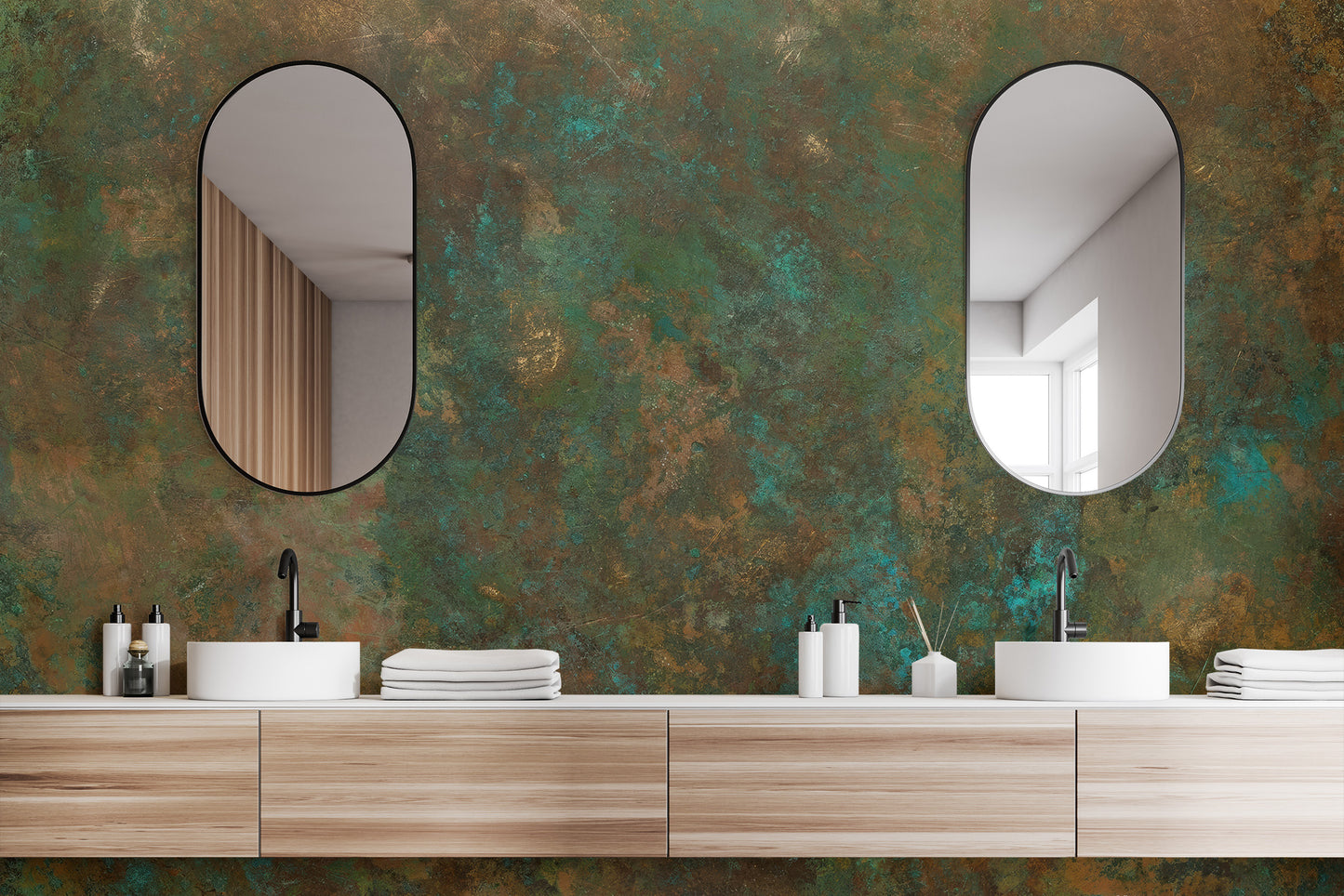 Artistic bronze teal wallpaper mural for modern bathrooms.