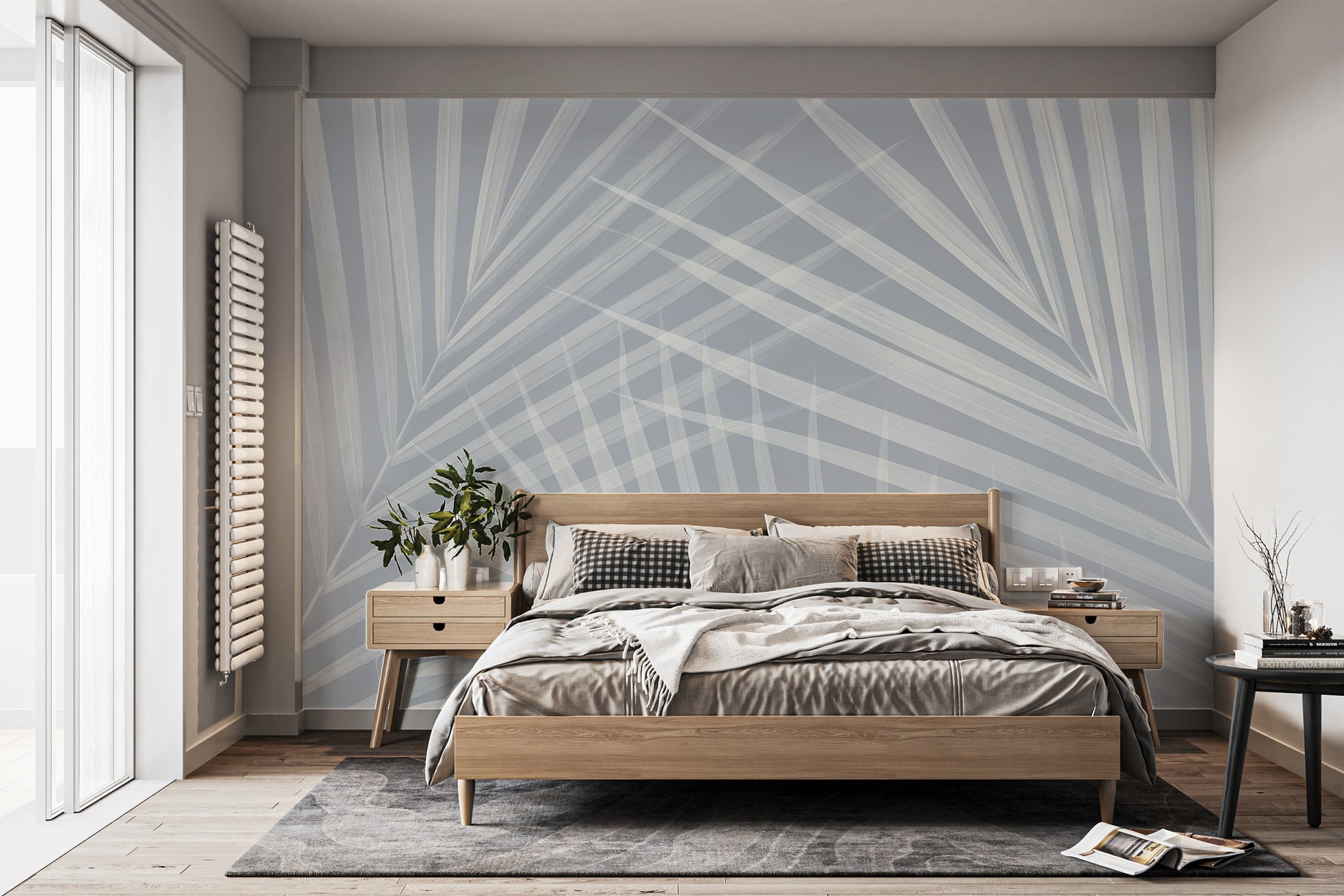 Peaceful light blue palm leaves mural wallpaper for serene bedrooms.