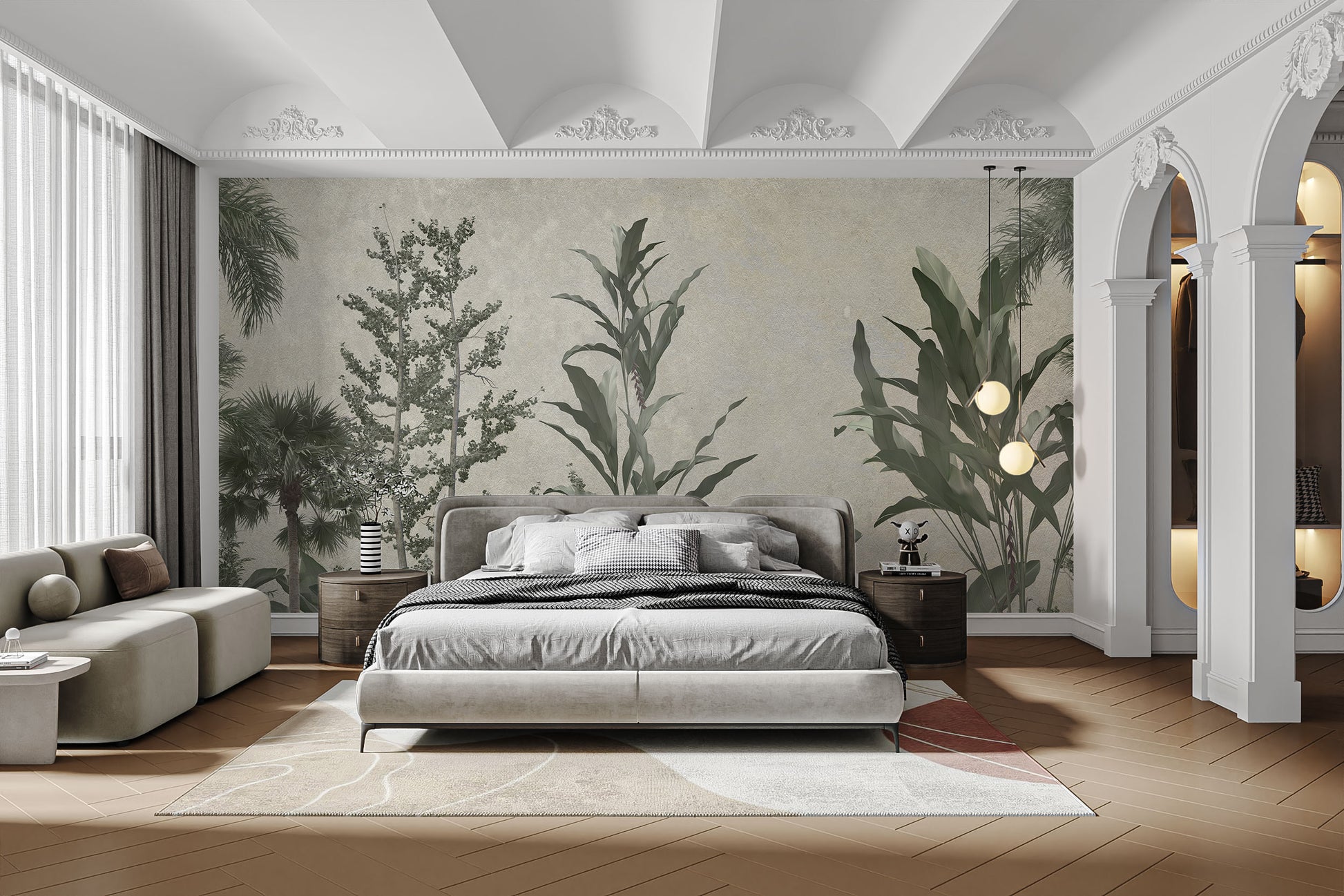 Elegant Verdant Valleys mural wallpaper for modern bedroom decor.