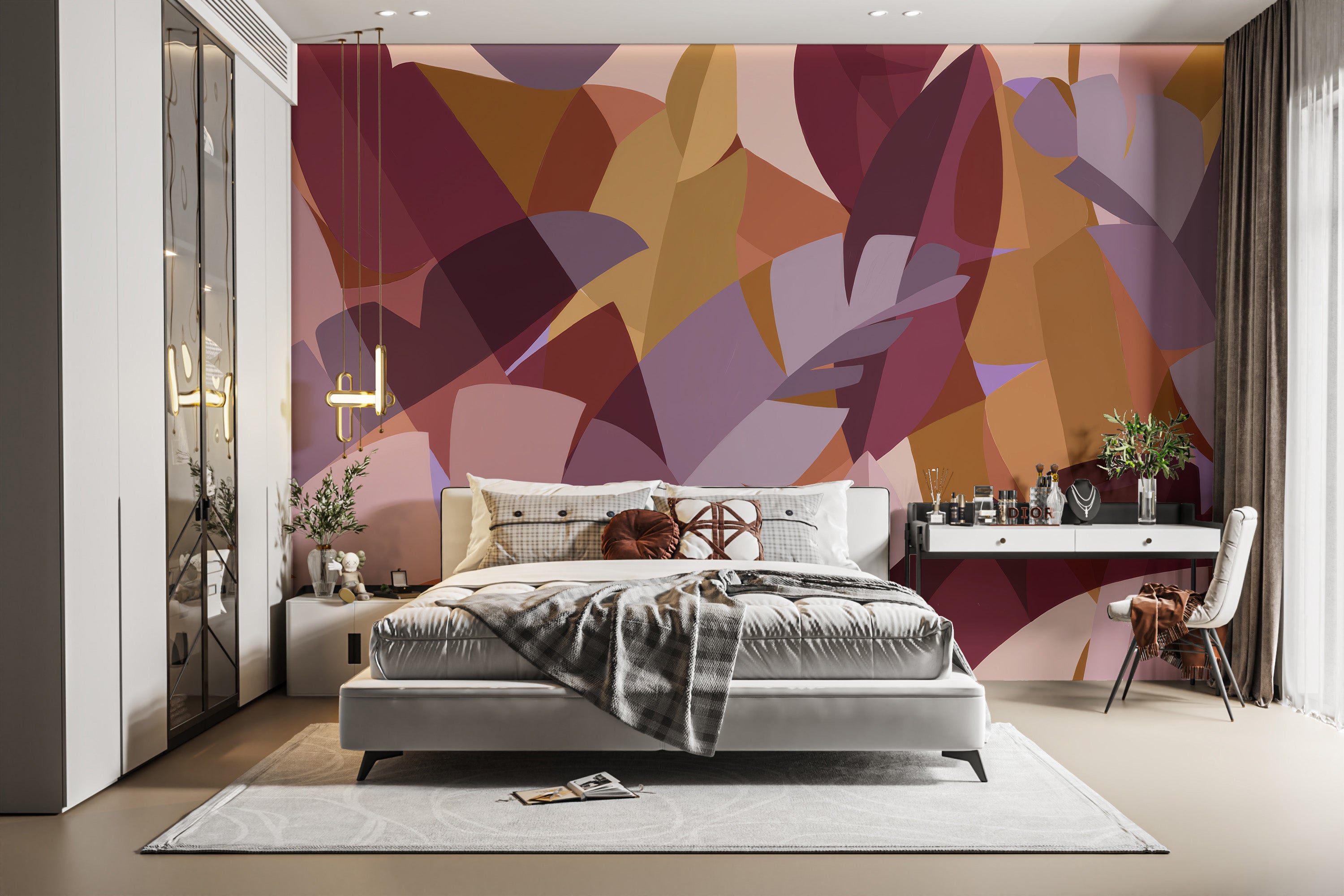 Tranquil Cubist Harvest Foliage fresco mural for serene bedrooms.