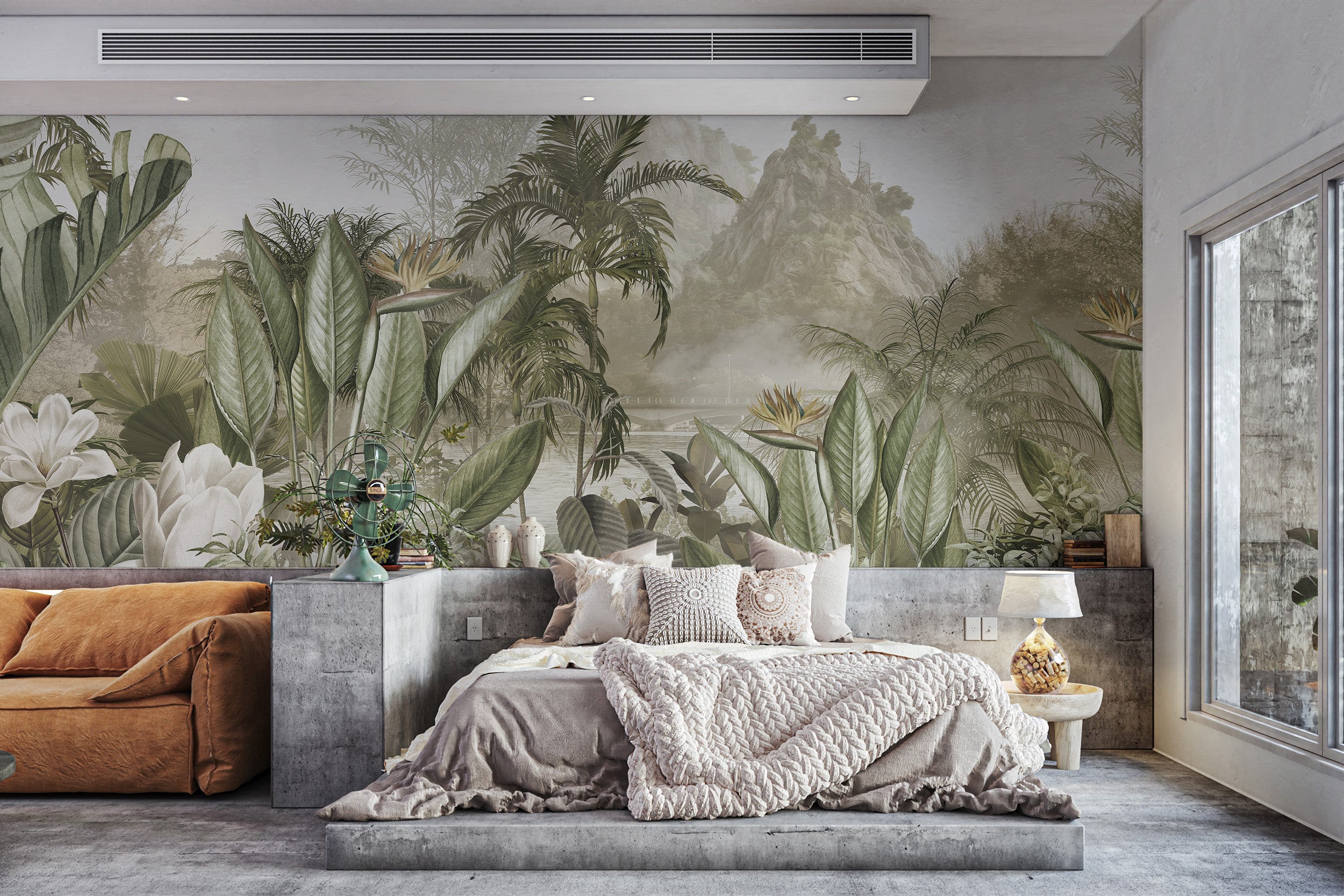 Dreamy ethereal jungle panorama mural wallpaper for serene bedrooms.