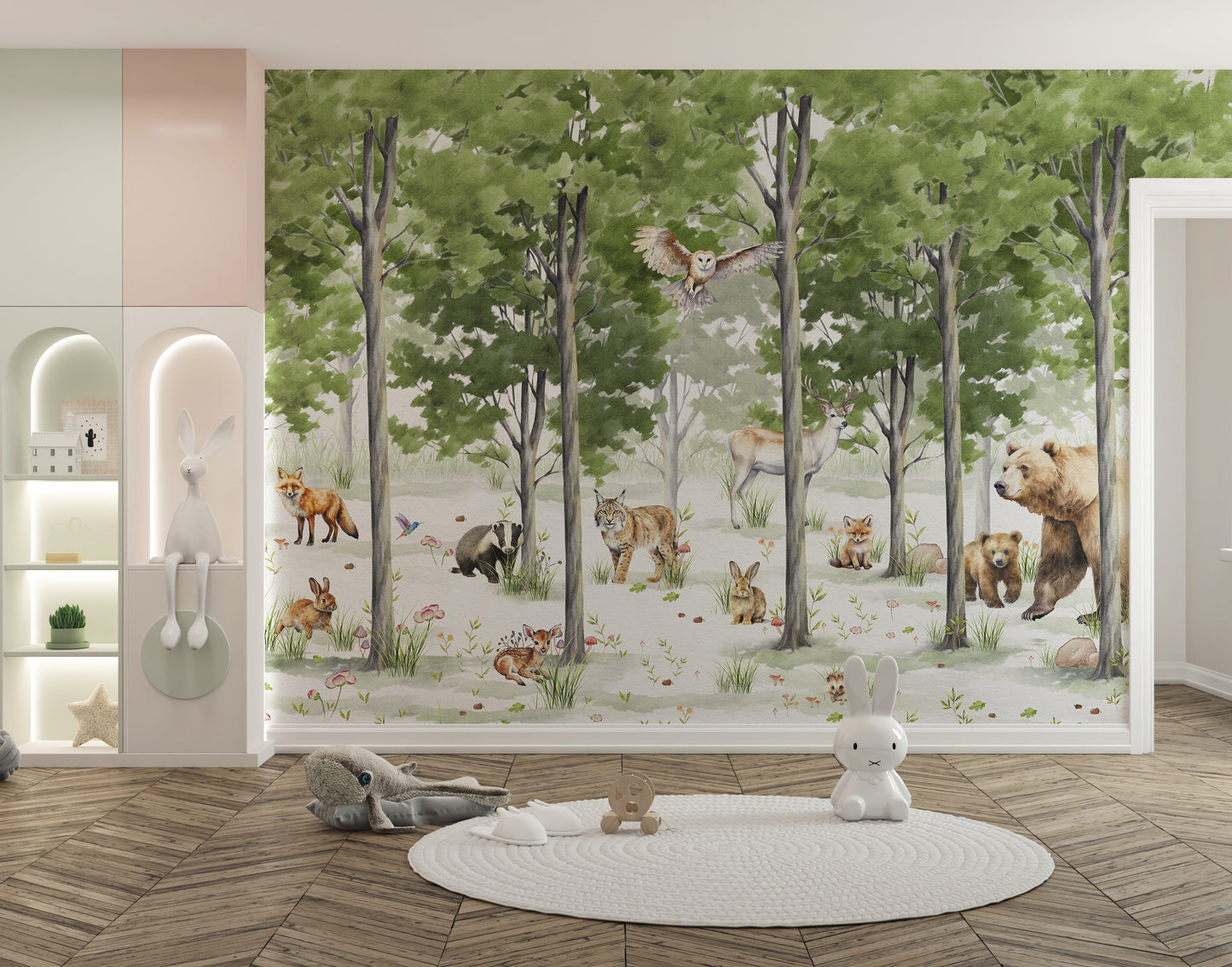 Enchanting woodland mural with trees and animals