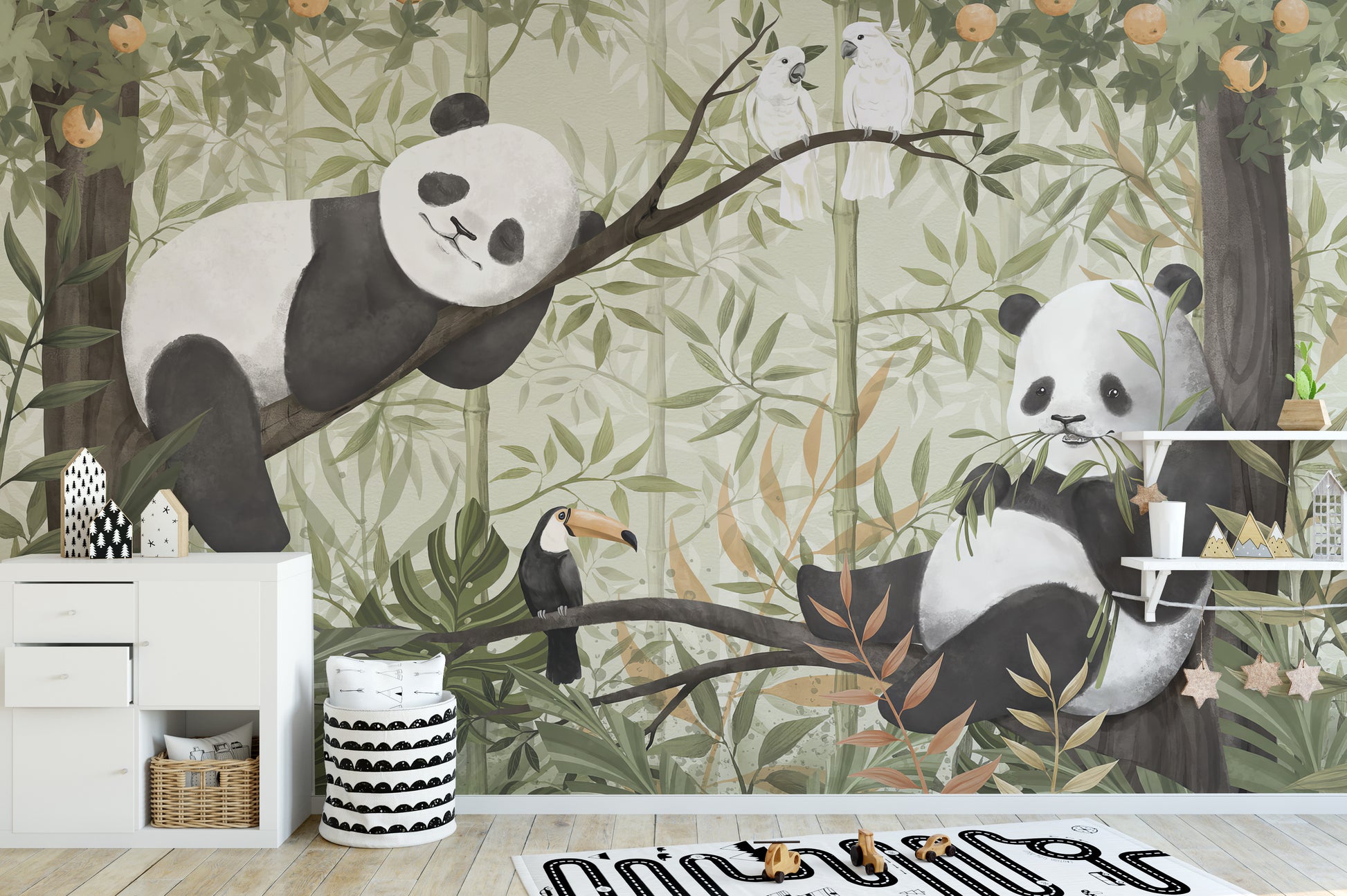 Whimsical panda wallpaper with orange trees
