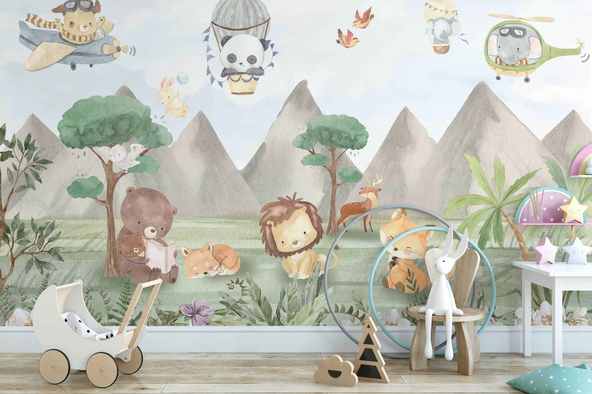 Playful forest animals wallpaper scene
