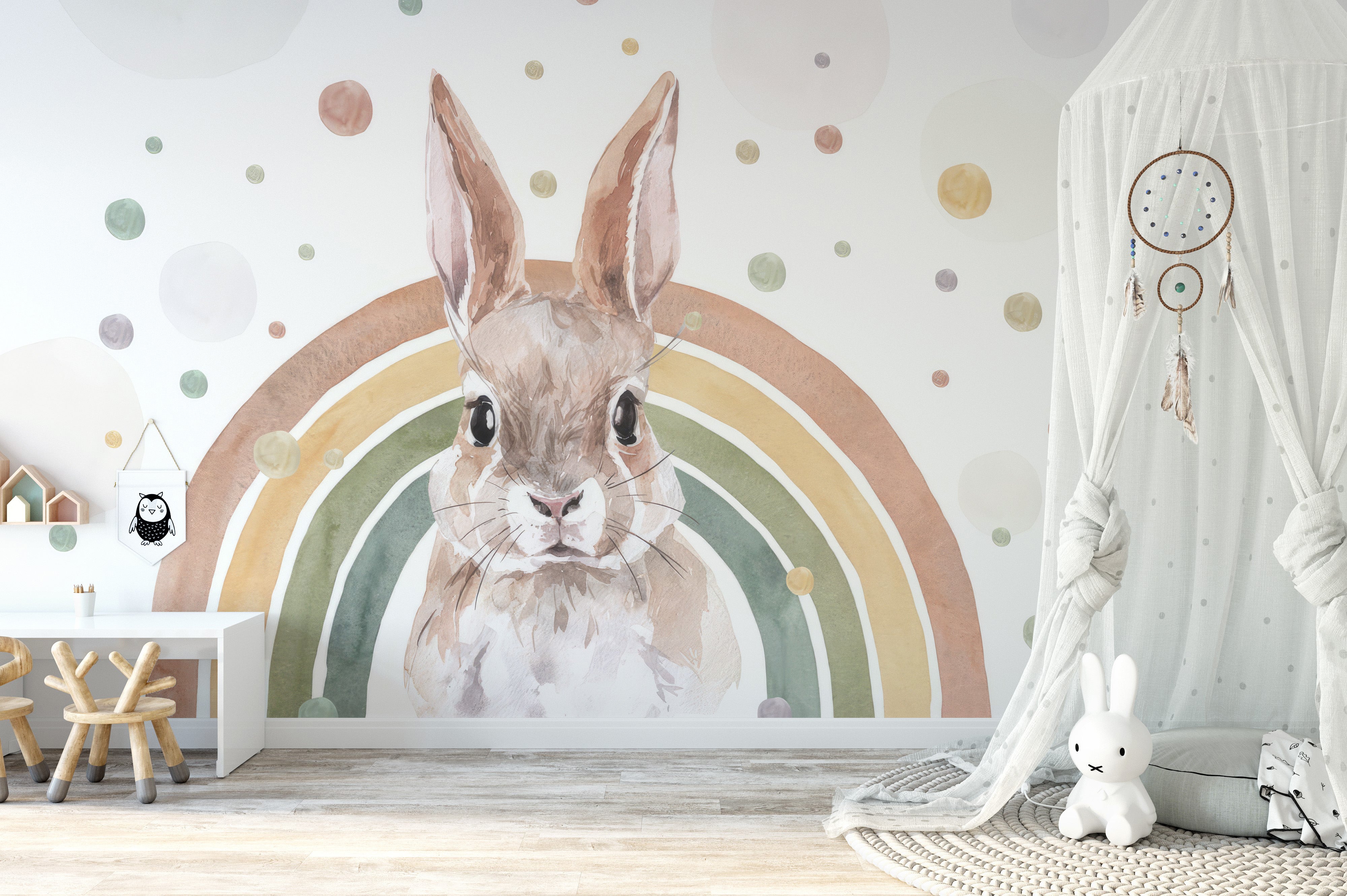 Hand-painted bunny and rainbow wallpaper
