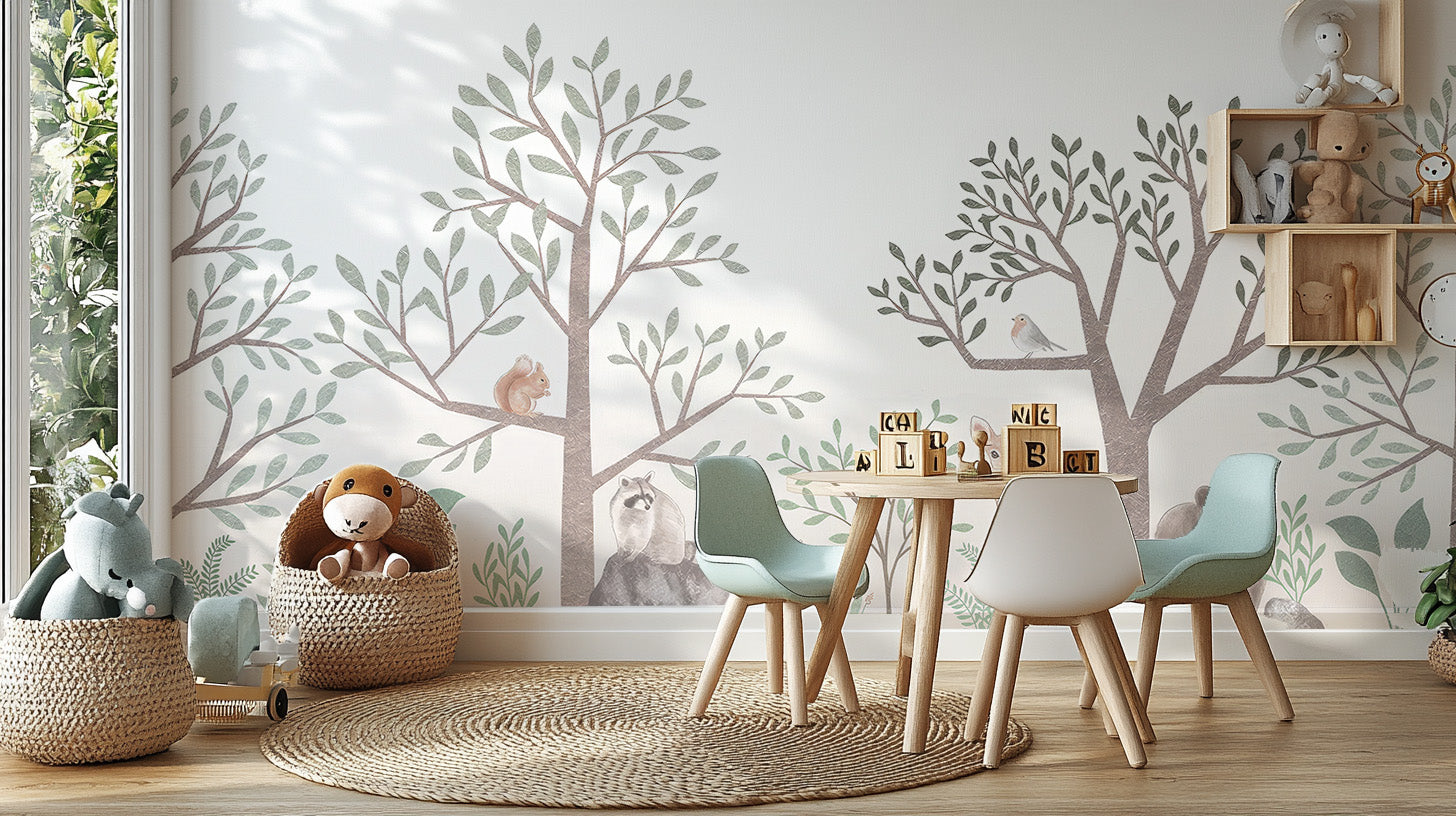 Nature-inspired wallpaper for kids with woodland animals