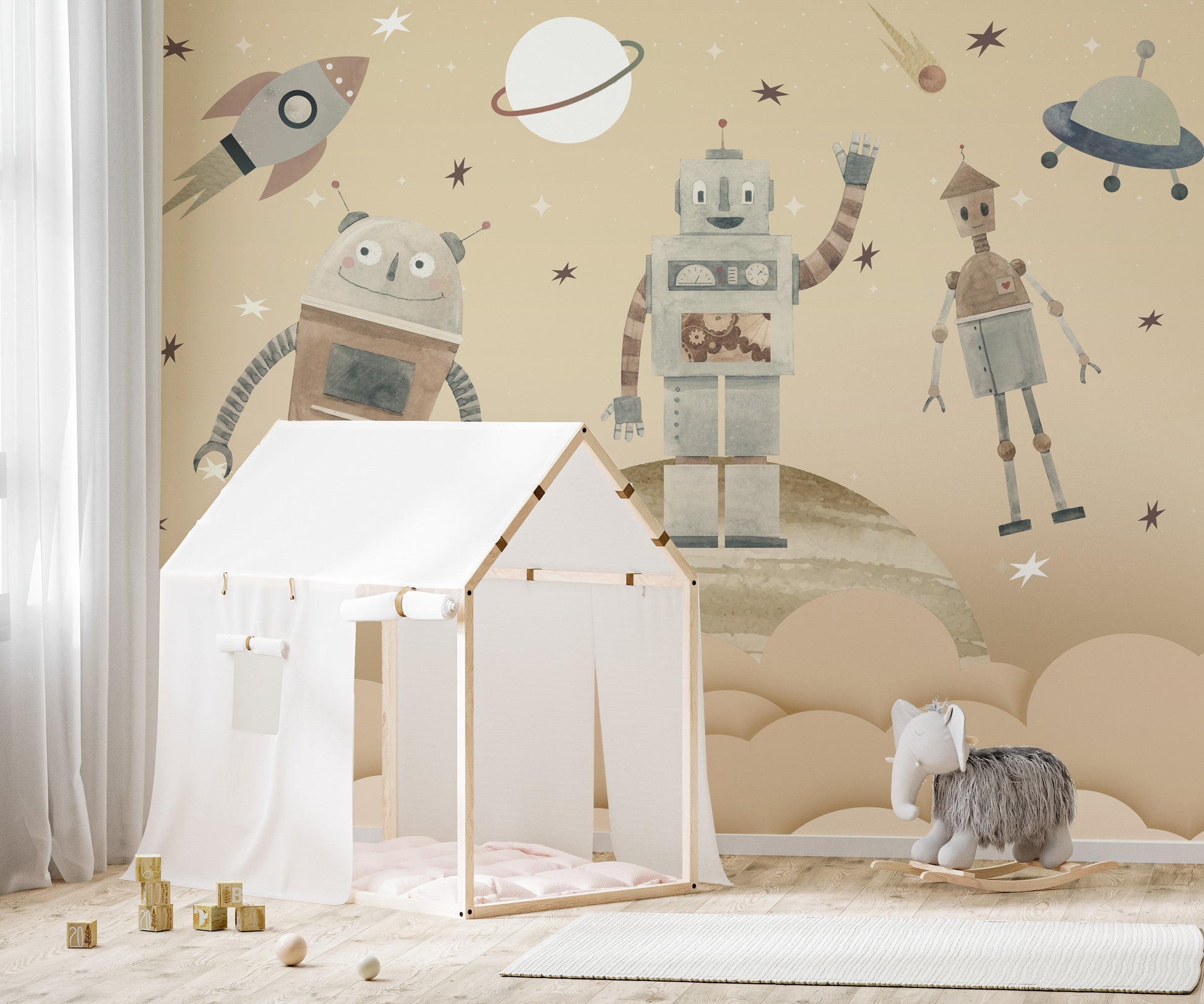 Space-themed robot mural with planets